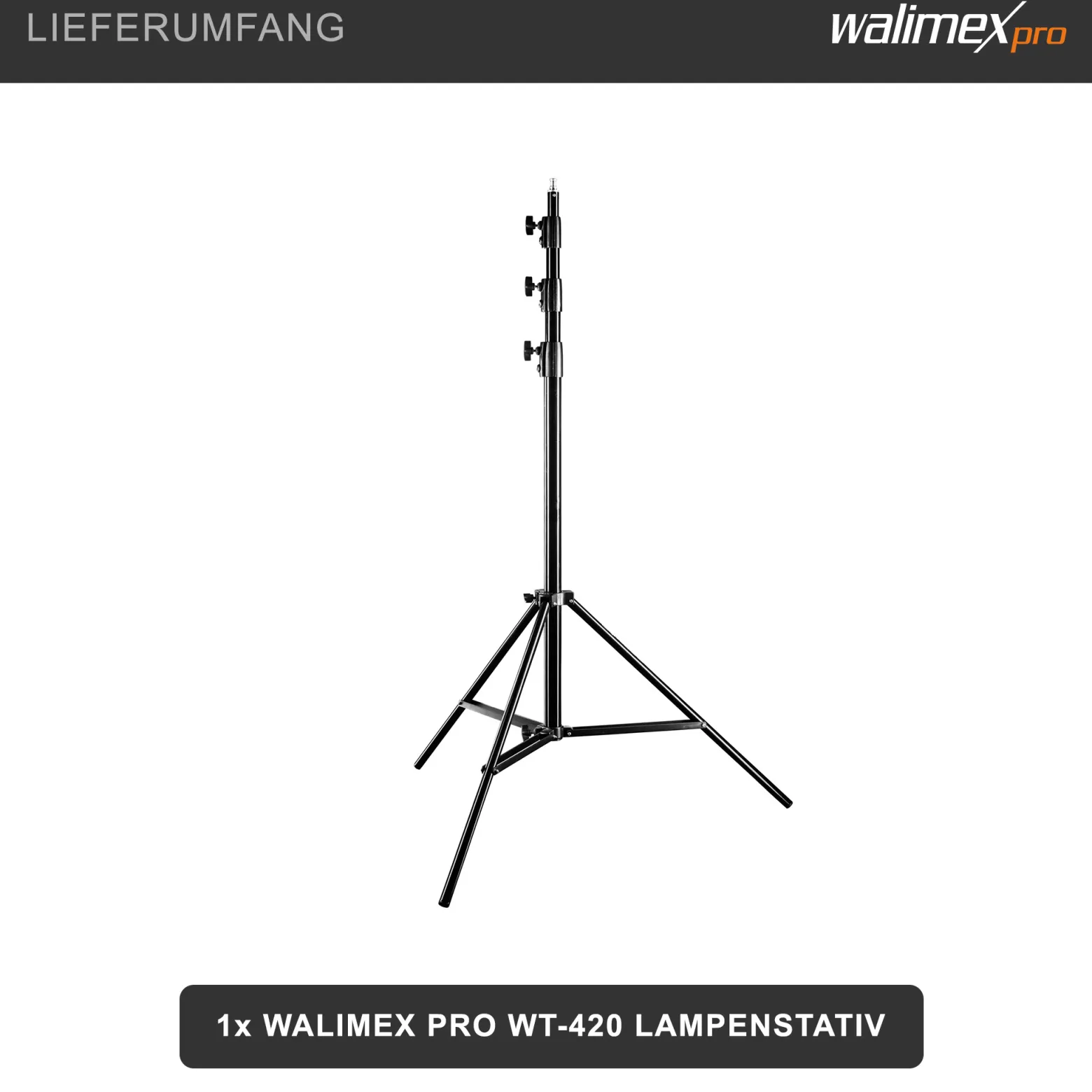 Walimex pro WT-420 Lampenstativ 420 cm, höhenverstellbares Lichtstativ belastbar bis 7,5 kg, Blitzstativ mit 5/8 Zoll Spigot, Studiostativ mit Federdämpfung