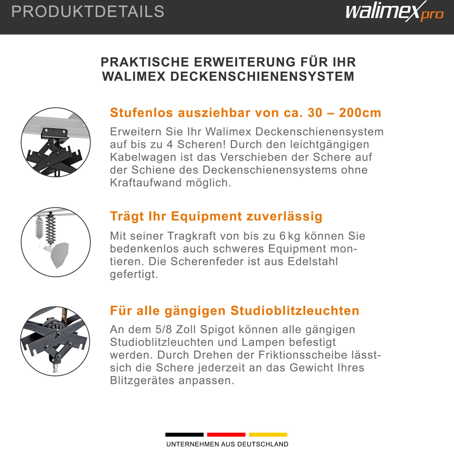 Walimex Schere für Deckenschienensystem - 300 x 100 x 400 mm - stufenlos ausziehbar ca. 30-200 cm - Last max. 6000 g - für Schienen System für Lampen Lichtquellen Kameras Studio Equipment