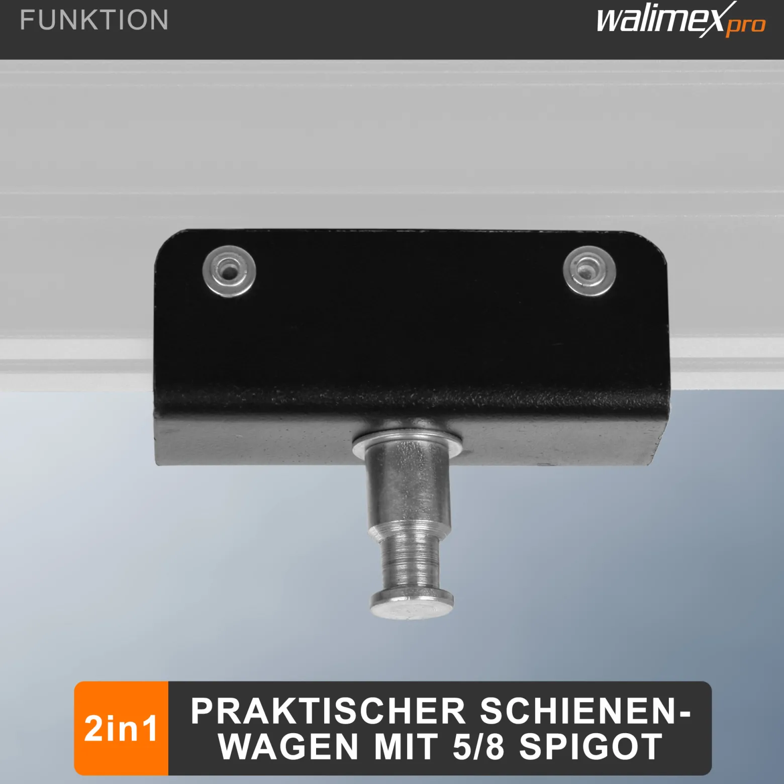 Walimex Steckdosen-Halter für Deckenschienensystem - 200 x 40 x 170 mm - mit Schienenwagen und 5/8" Spigot - für Schienen System für Lampen Lichtquellen Kameras Studio Equipment