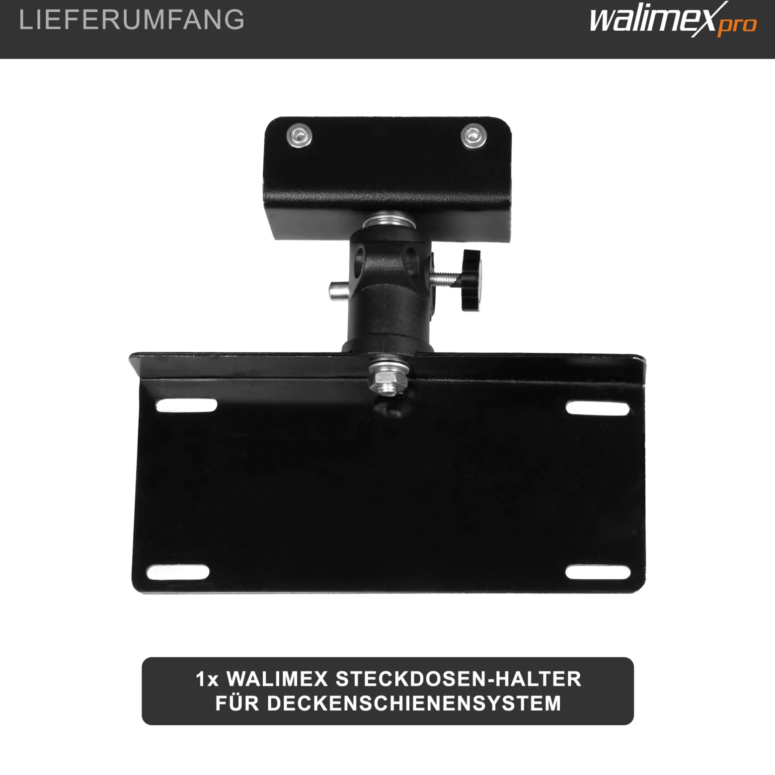 Walimex Steckdosen-Halter für Deckenschienensystem - 200 x 40 x 170 mm - mit Schienenwagen und 5/8" Spigot - für Schienen System für Lampen Lichtquellen Kameras Studio Equipment