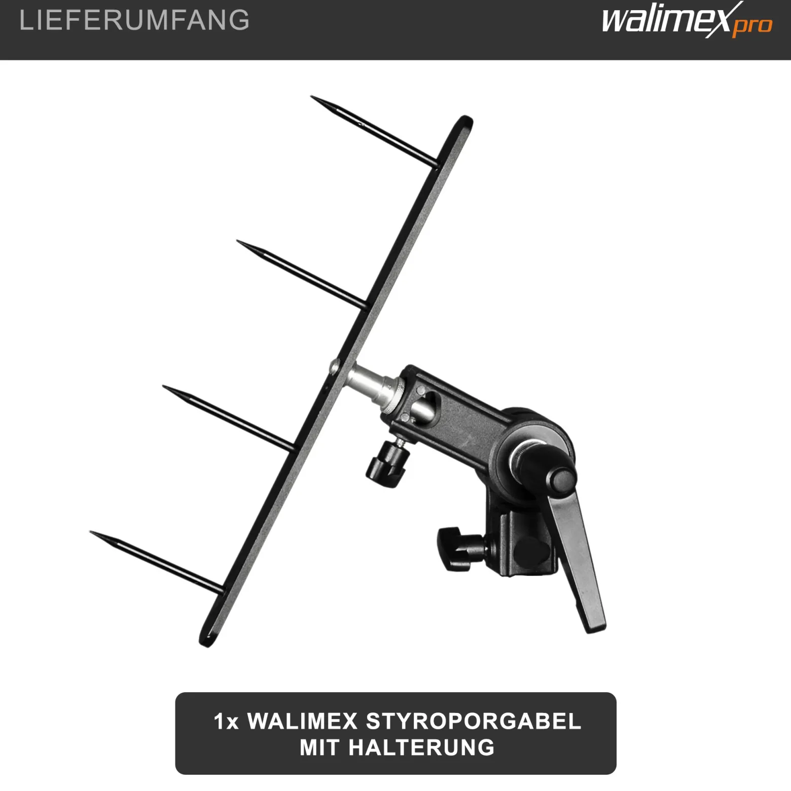 Walimex Styroporgabel mit Halterung, 4-zackige Gabel für Styroporplatten, neigbare Spigot Halterung mit 5/8 Zoll und 1/4 sowie 3/8 Zoll Gewinde, ideal zum Aufhellen und Abdunkeln