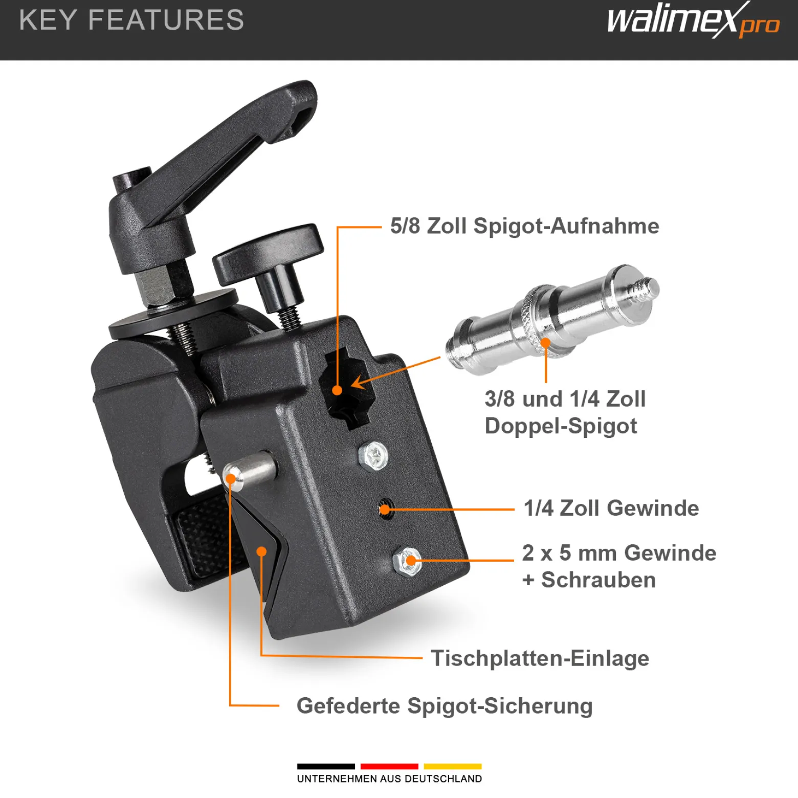 Walimex Superklemme schwarz 90 x 50 x 100 mm Klemmbereich ca. 10-60 mm mit 5/8" Spigot Aufnahme für runde und eckige Stangen und Objekte