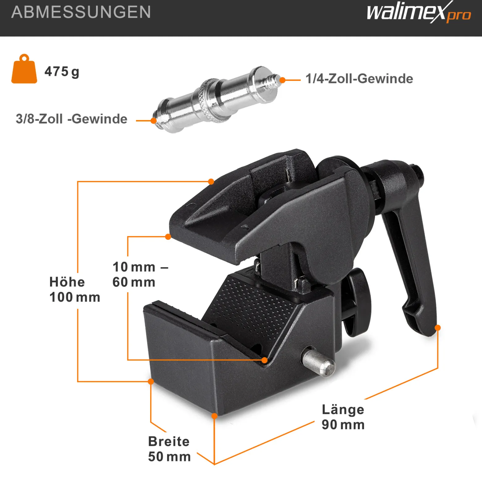 Walimex Superklemme schwarz 90 x 50 x 100 mm Klemmbereich ca. 10-60 mm mit 5/8" Spigot Aufnahme für runde und eckige Stangen und Objekte
