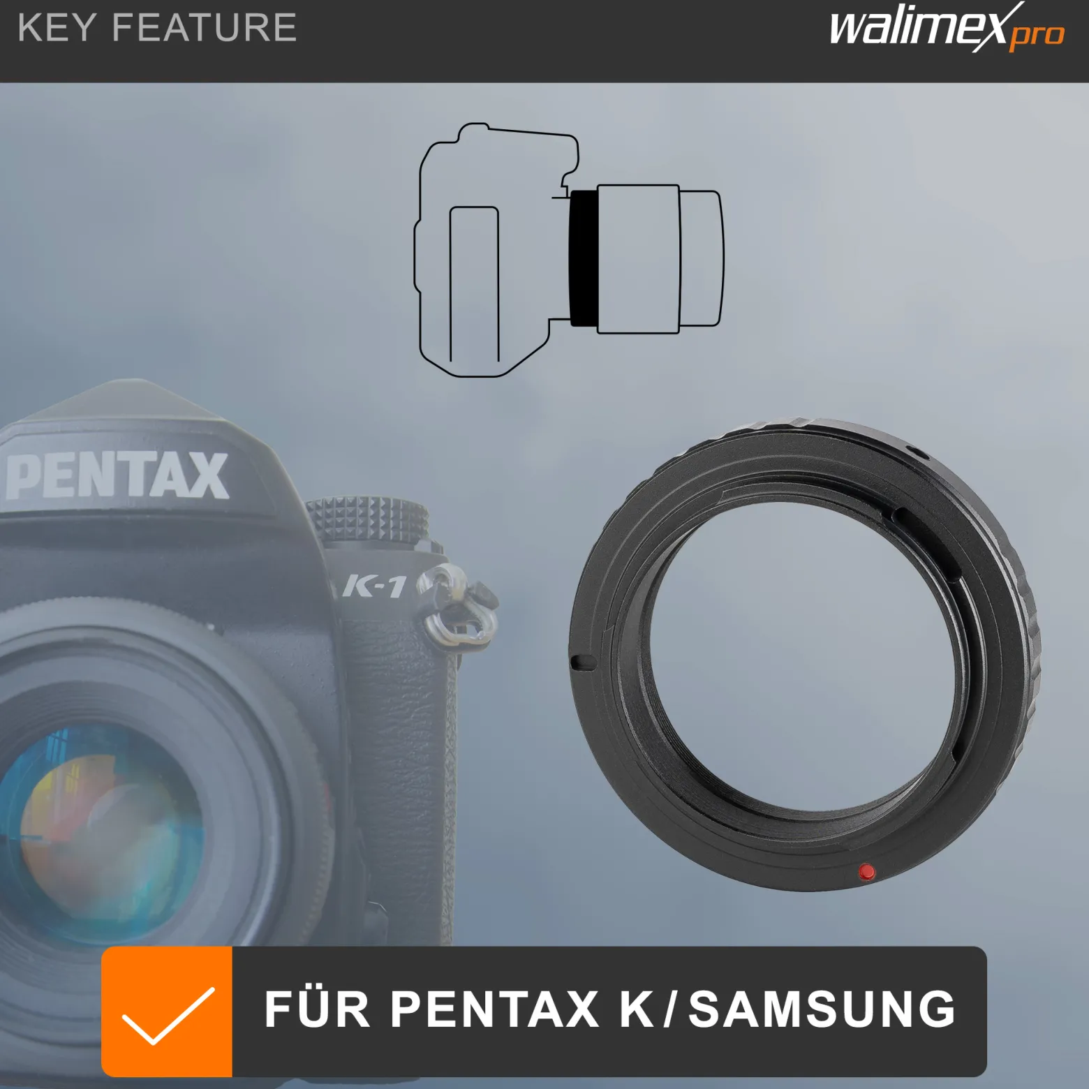 Walimex T2 Adapter kompatibel mit Pentax K/kompatibel mit Samsung GX - 67 x 67 x 5 mm - Adapterring manueller Fokus, einfache Handhabung, Objektiv-Anschlussring für viele Modelle