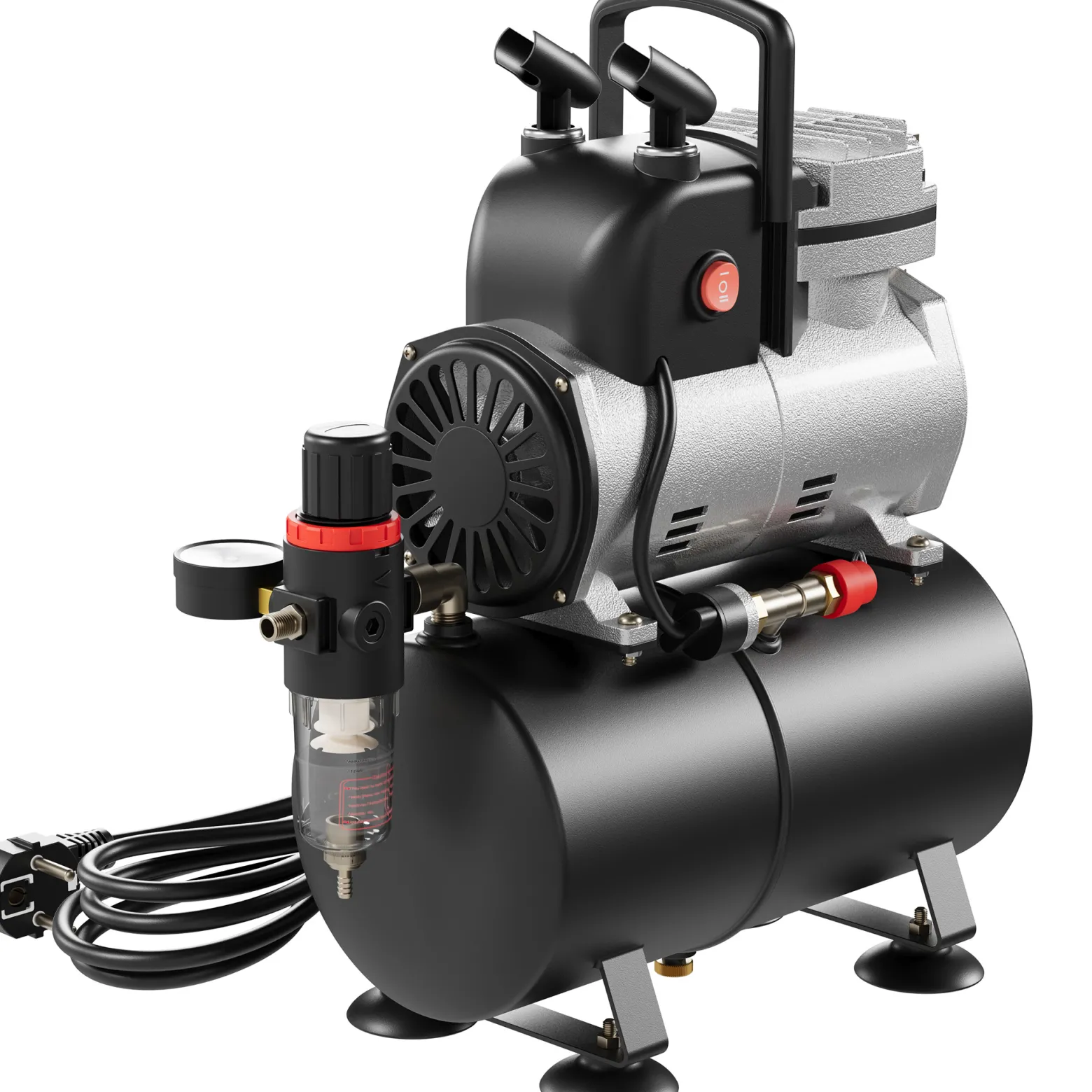 Wiltec Airbrush Einzylinderkolbenkompressor AF189 mit Lufttank, max. 6 bar Druck, Druckminderer, Wasserabscheider, Manometer, für Modellbau, Nailart, Tattoos