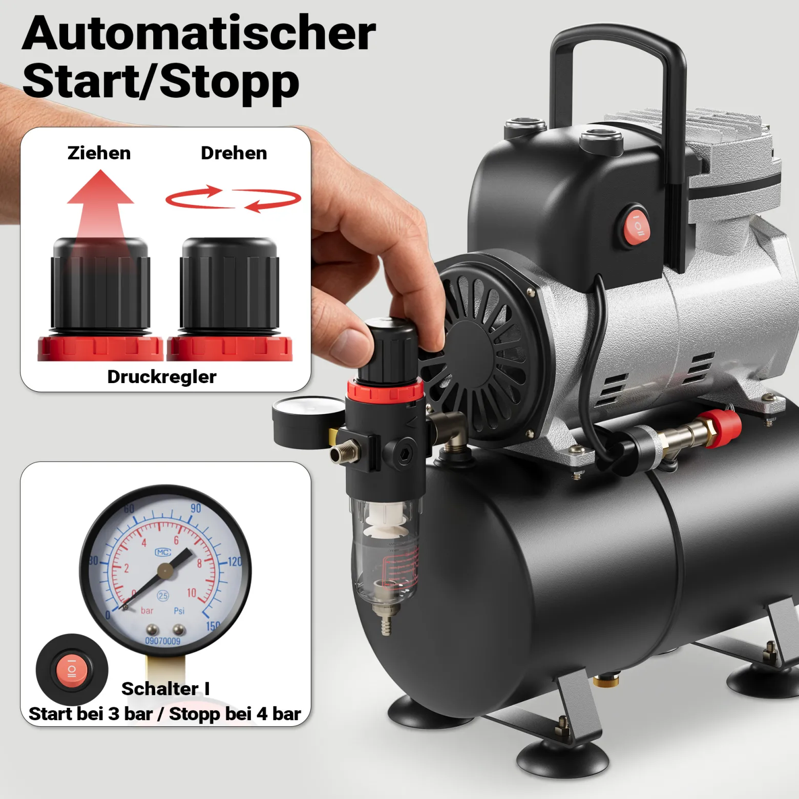 Wiltec Airbrush Einzylinderkolbenkompressor AF189 mit Lufttank, max. 6 bar Druck, Druckminderer, Wasserabscheider, Manometer, für Modellbau, Nailart, Tattoos