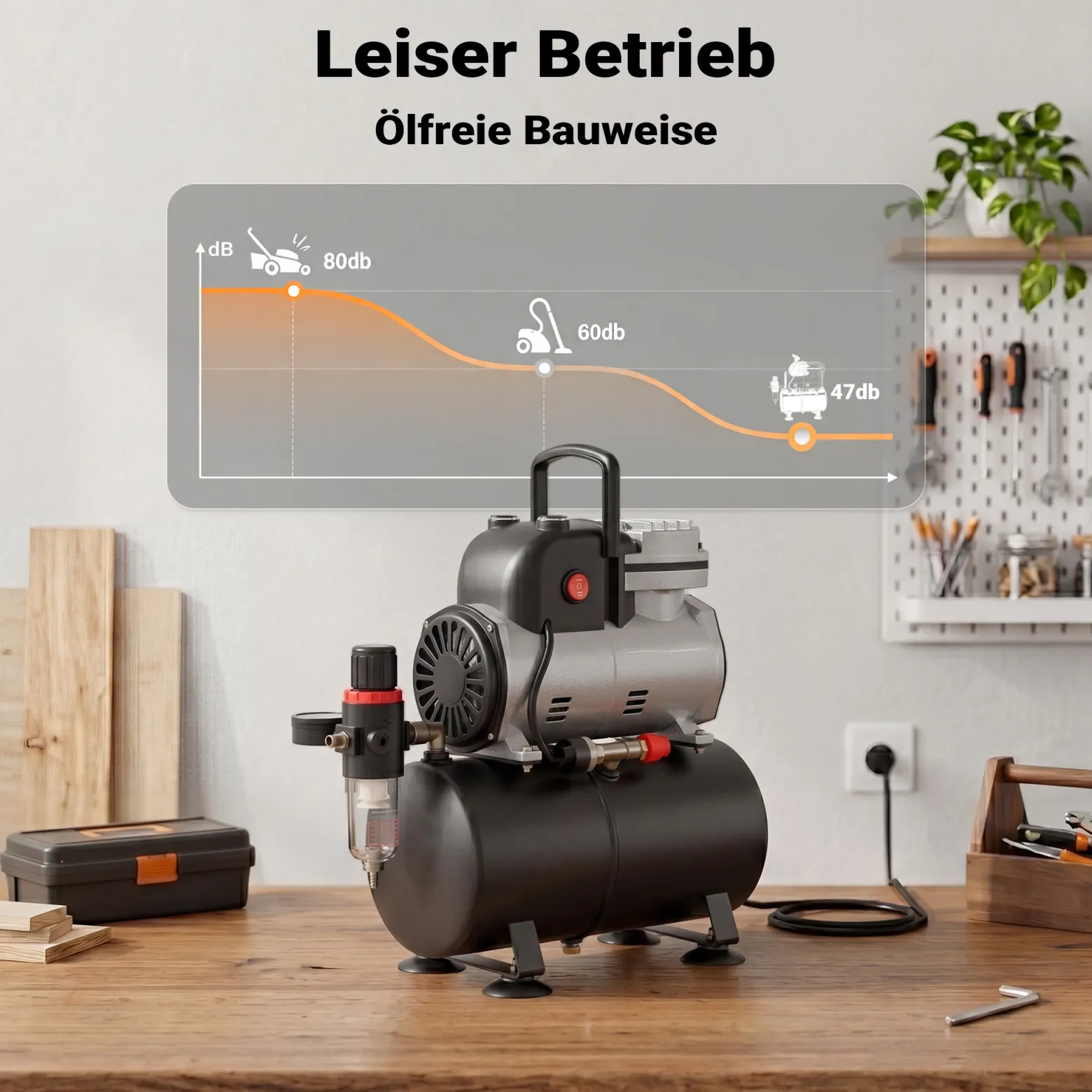 Wiltec Airbrush Einzylinderkolbenkompressor AF189 mit Lufttank, max. 6 bar Druck, Druckminderer, Wasserabscheider, Manometer, für Modellbau, Nailart, Tattoos
