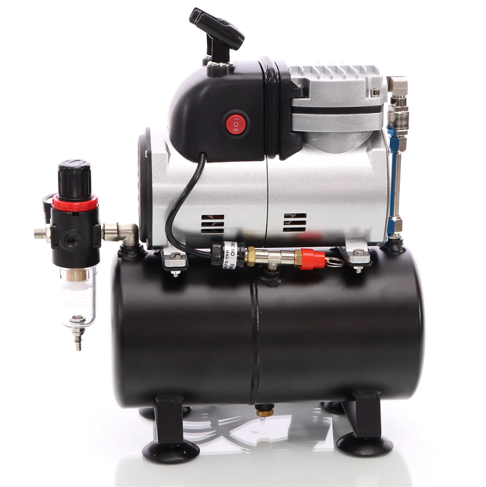 Wiltec Airbrush Einzylinderkolbenkompressor AF189 mit Lufttank, max. 6 bar Druck, Druckminderer, Wasserabscheider, Manometer, für Modellbau, Nailart, Tattoos