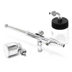 Wiltec Airbrush Pistole Typ 134 mit Double Action Funktion, Düse Ø 0,3 mm, 2 Farbbecher, Pipette, Adapter für Modellbau, Nailart usw.