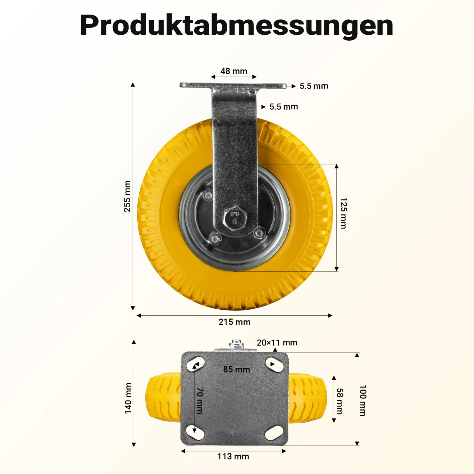 Wiltec Bockrolle Ø215mm Transportrolle 58mm breit bis max. 100kg gelb aus Vollmaterial mit fixierter Halterung pannensicher, leiser Lauf