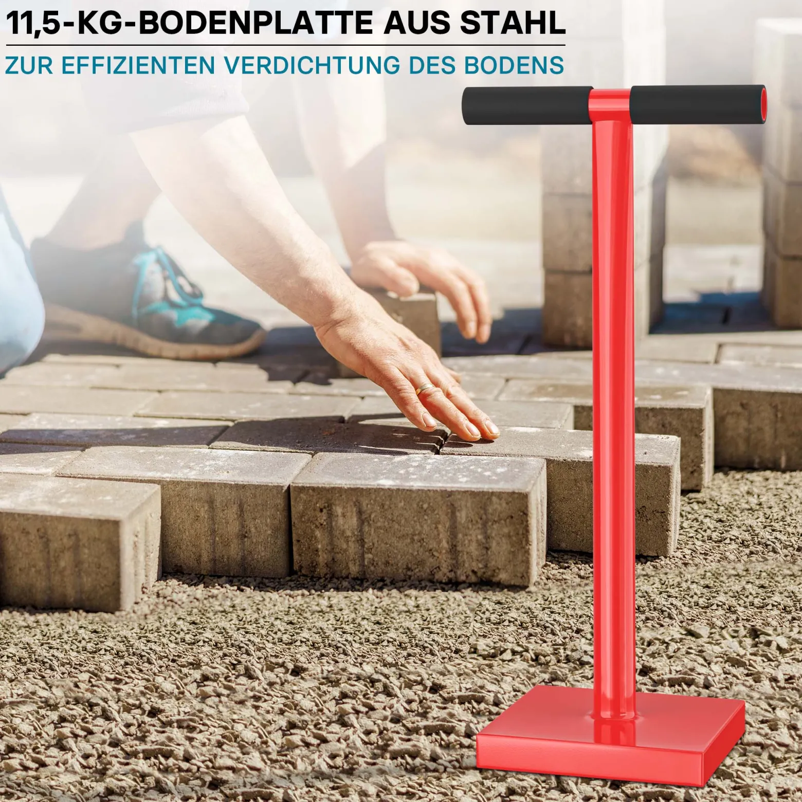 Wiltec Bodenverdichter 11,5 kg aus Stahl, 83 cm hoch, mit 20 x 20 cm Grundplatte und T-Griff zum Verdichten, Handstampfer Bodenstampfer für Gartenarbeit