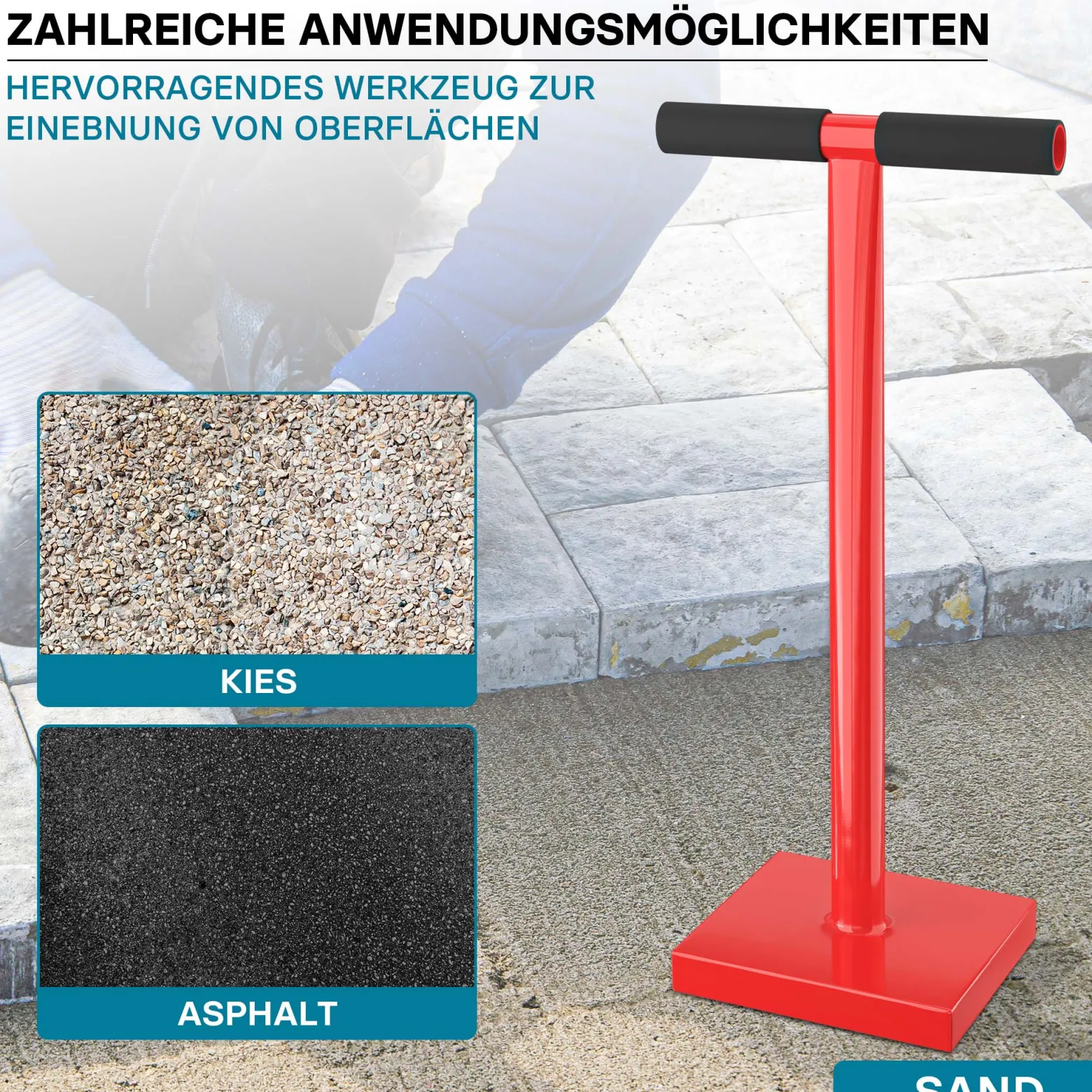 Wiltec Bodenverdichter 11,5 kg aus Stahl, 83 cm hoch, mit 20 x 20 cm Grundplatte und T-Griff zum Verdichten, Handstampfer Bodenstampfer für Gartenarbeit