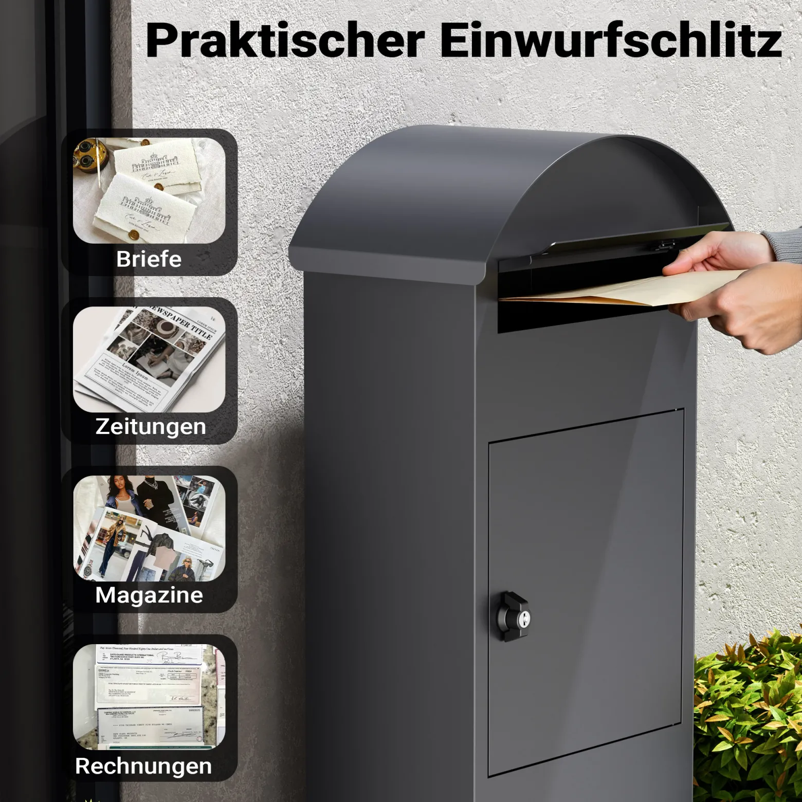 Wiltec Briefkasten anthrazit 420 x 240 x 1020 mm, Standbriefkasten zur Bodenmontage mit Schloss, abschließbarer Postkasten aus Stahl mit Dach