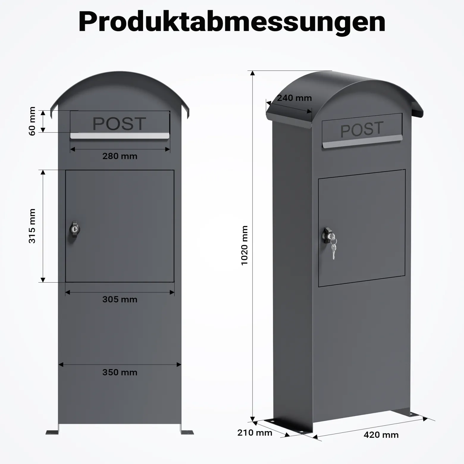 Wiltec Briefkasten anthrazit 420 x 240 x 1020 mm, Standbriefkasten zur Bodenmontage mit Schloss, abschließbarer Postkasten aus Stahl mit Dach