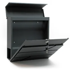 Wiltec Briefkasten Set V14 Anthrazit mit Ständer, Wandbriefkasten mit Schloss und Zeitungsrolle, Postkasten aus pulverbeschichtetem Stahl