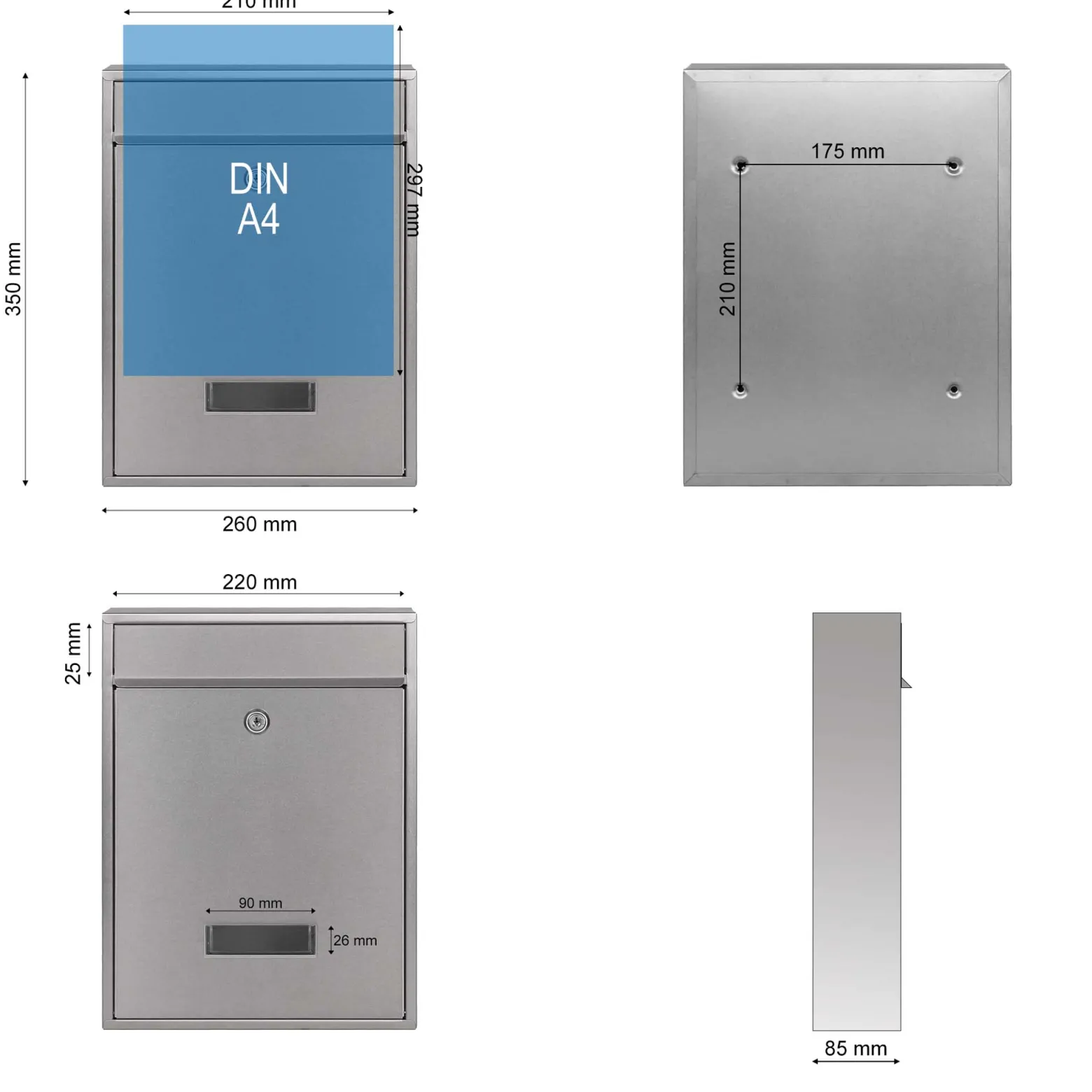 Wiltec Briefkasten silberfarben V10 Postkasten mit Namensschild, großem Briefschlitz und 2 Schlüsseln Wandbriefkasten aus pulverbeschichtetem Stahl
