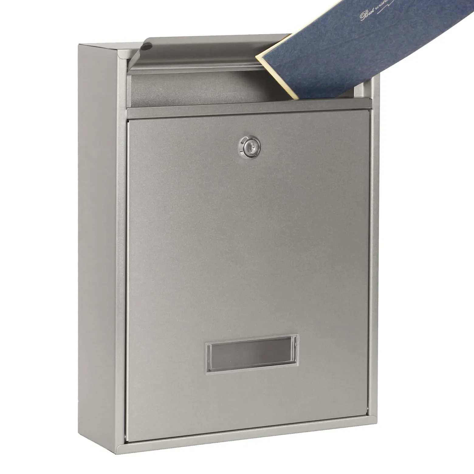 Wiltec Briefkasten silberfarben V10 Postkasten mit Namensschild, großem Briefschlitz und 2 Schlüsseln Wandbriefkasten aus pulverbeschichtetem Stahl