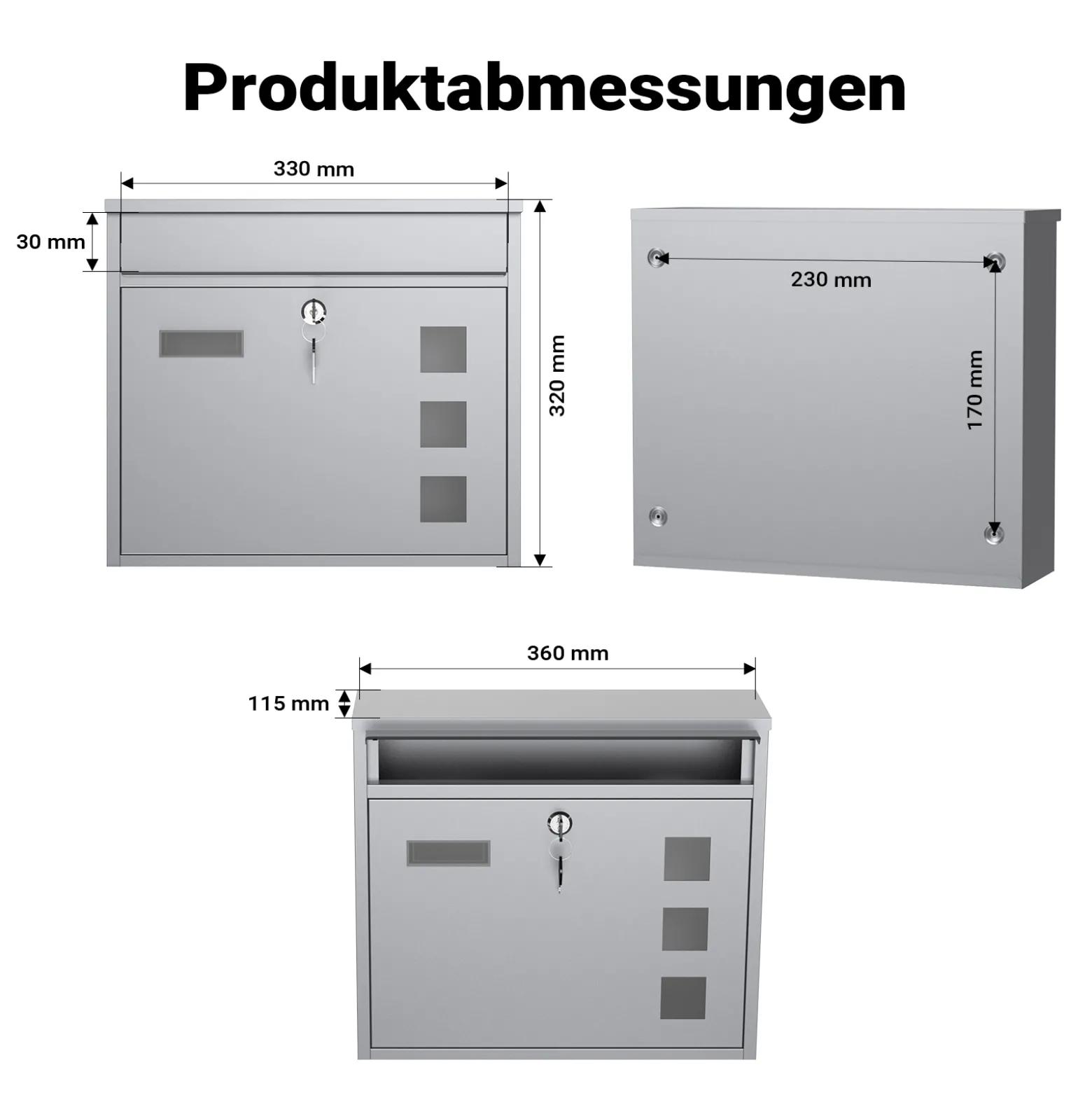 Wiltec Briefkasten V12 silberfarben 360 x 105 x 315 mm, Wandbriefkasten mit Schloss, Sichtfenstern und Namensschild, Postkasten aus Stahl galvanisiert