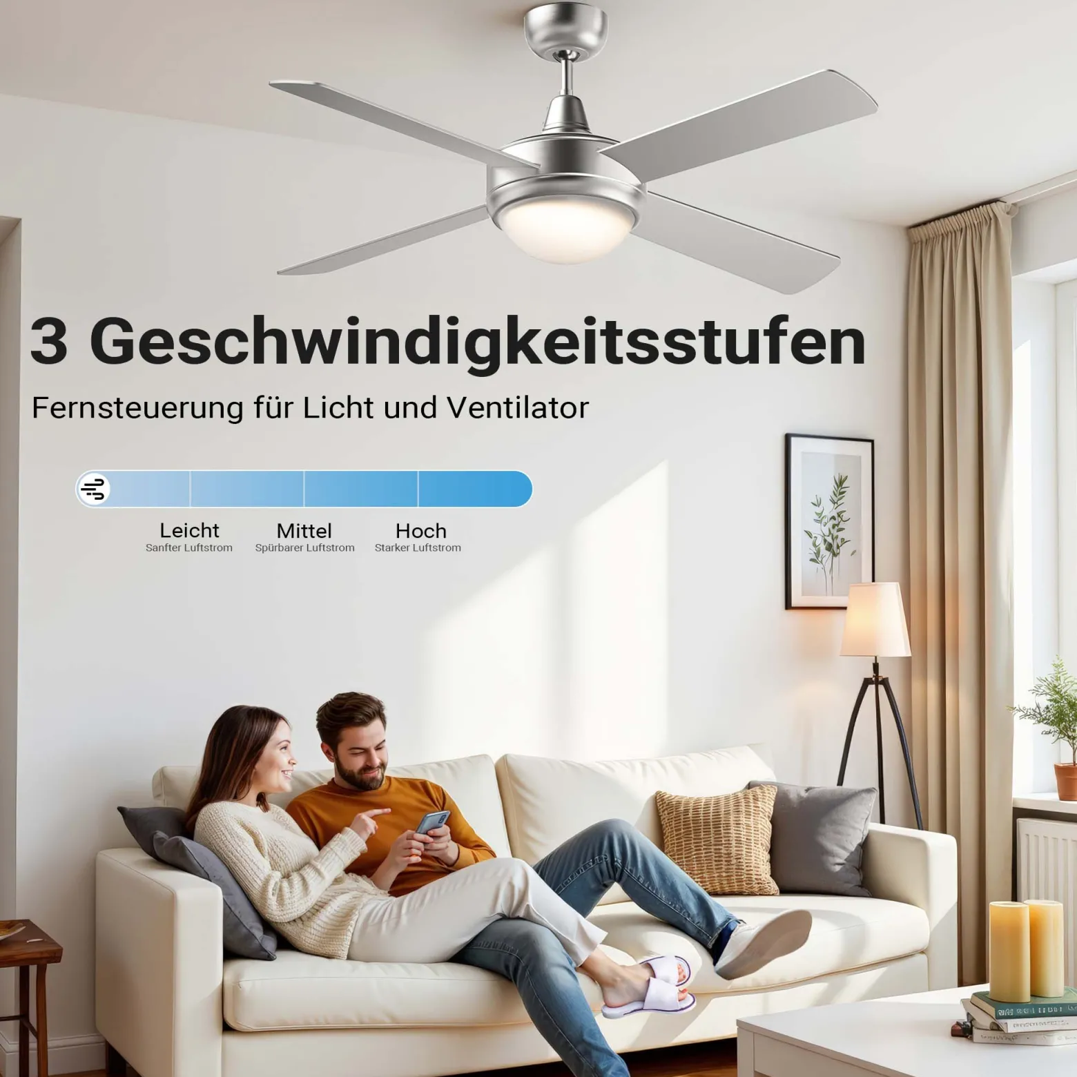 Wiltec Deckenventilator Ø 130 cm mit 4 Flügel, Ventilator mit 3 Geschwindigkeiten und Lampe, Lüfter mit Fernbedienung, Timer, Sommer- u. Wintermodus