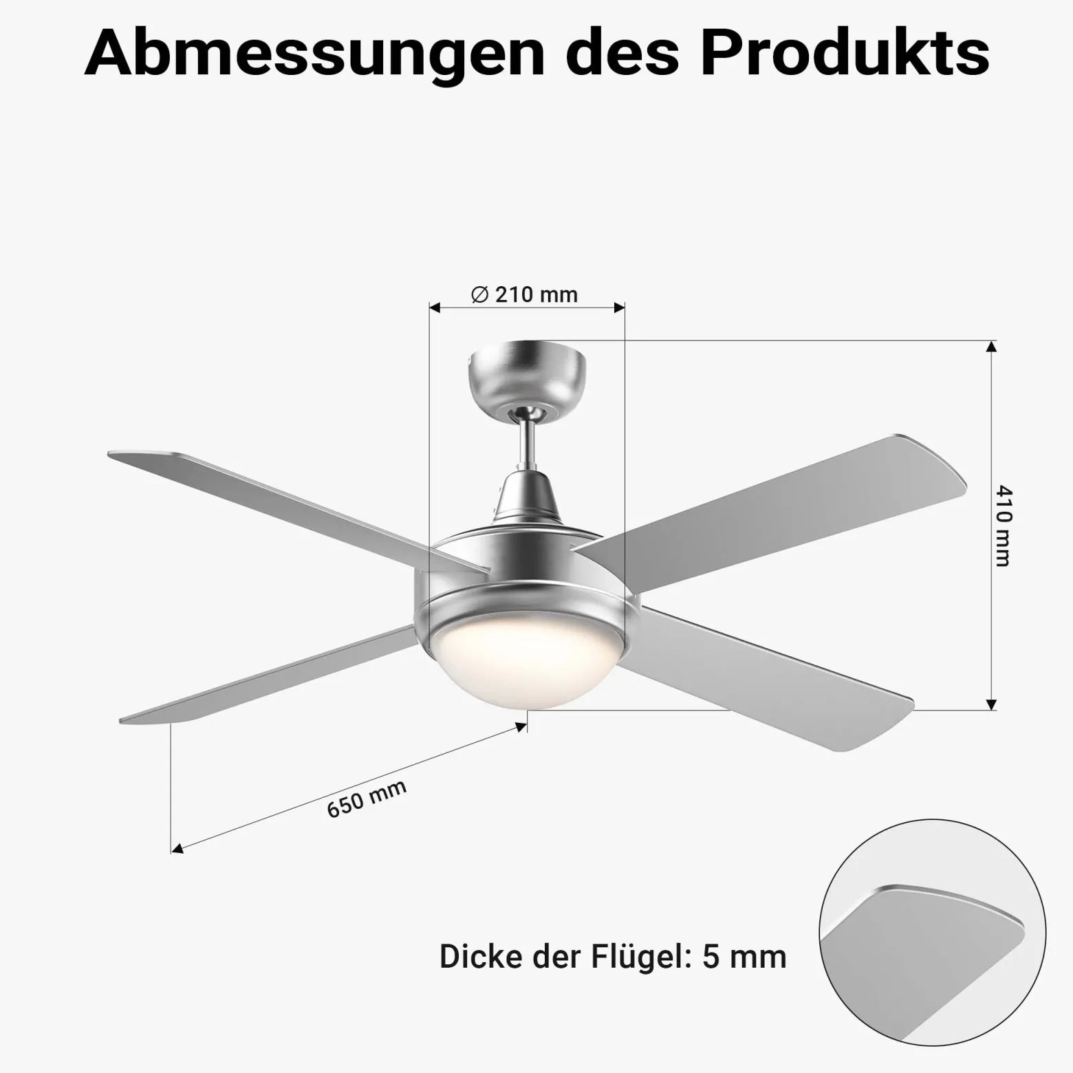 Wiltec Deckenventilator Ø 130 cm mit 4 Flügel, Ventilator mit 3 Geschwindigkeiten und Lampe, Lüfter mit Fernbedienung, Timer, Sommer- u. Wintermodus