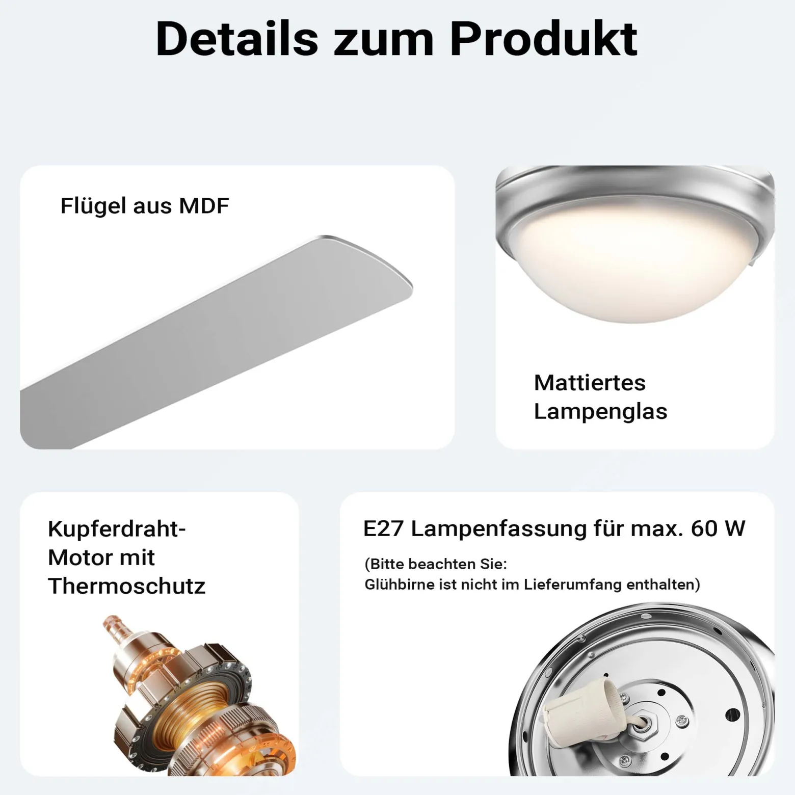 Wiltec Deckenventilator Ø 130 cm mit 4 Flügel, Ventilator mit 3 Geschwindigkeiten und Lampe, Lüfter mit Fernbedienung, Timer, Sommer- u. Wintermodus