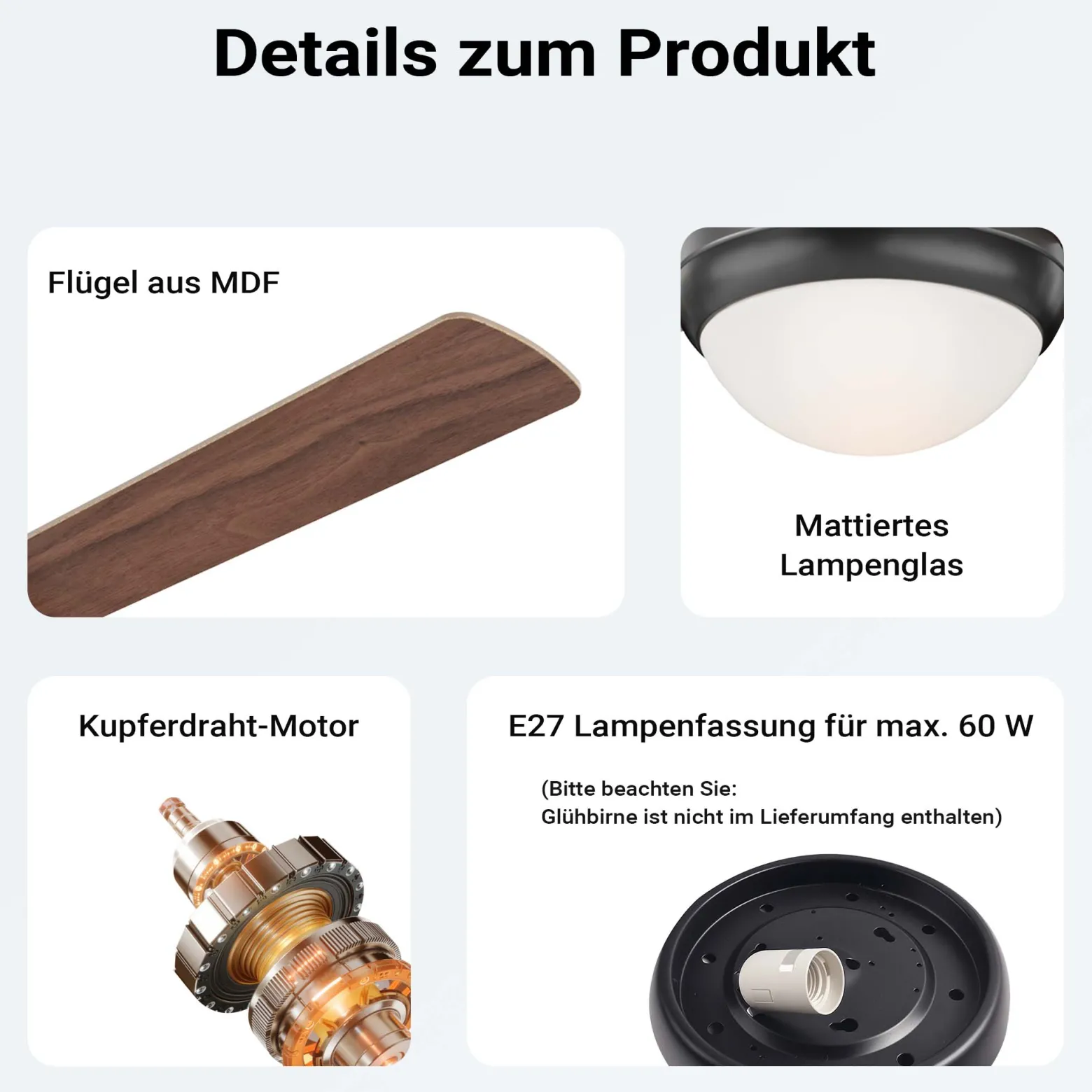 Wiltec Deckenventilator Ø 122 cm mit 4 Flügel, Ventilator mit 3 Geschwindigkeiten und Lampe, Lüfter mit Fernbedienung, Timer, Sommer- u. Wintermodus