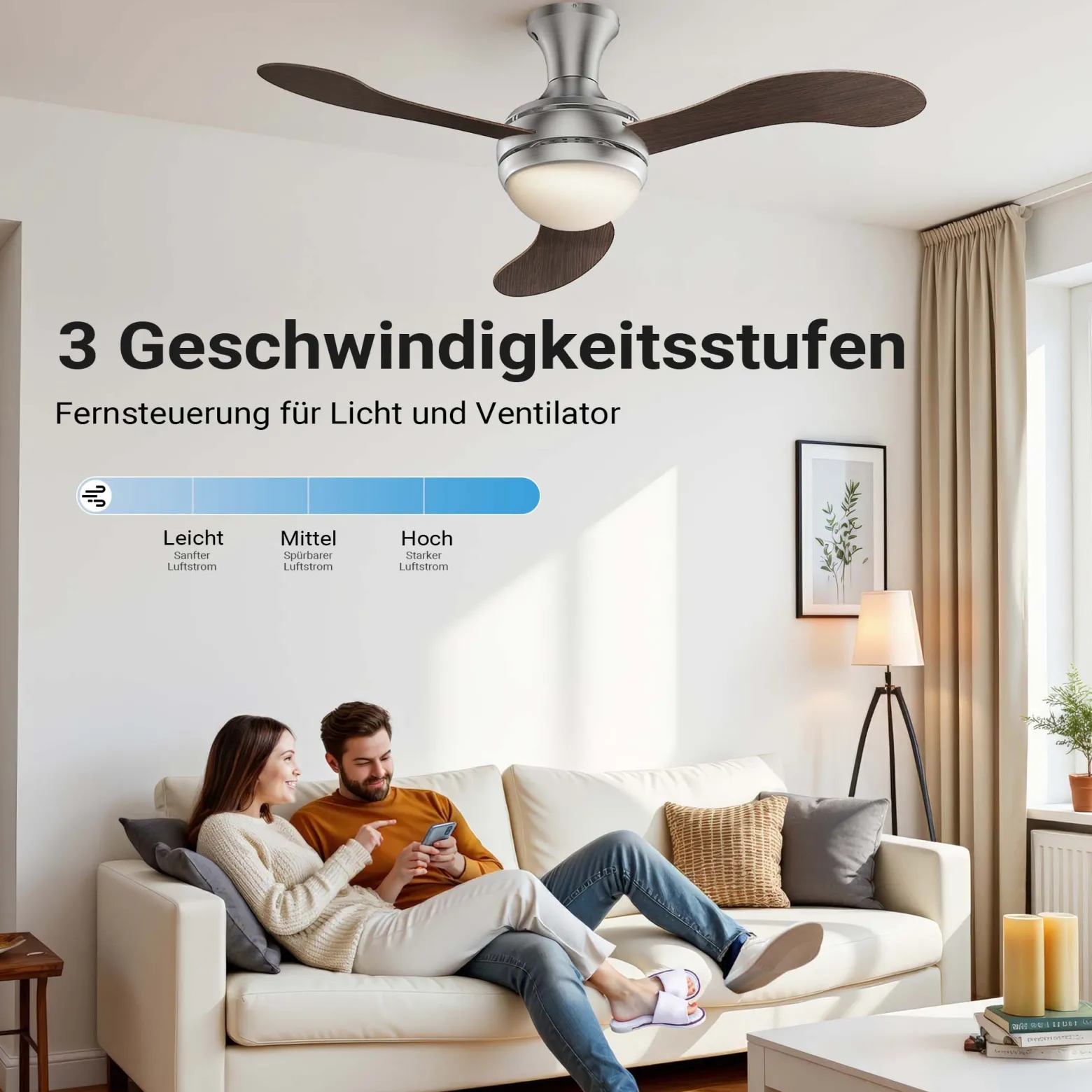 Wiltec Deckenventilator Ø 130 cm mit 3 Flügel, Ventilator mit 3 Geschwindigkeiten und Lampe, Lüfter mit Fernbedienung, Timer, Sommer- u. Wintermodus