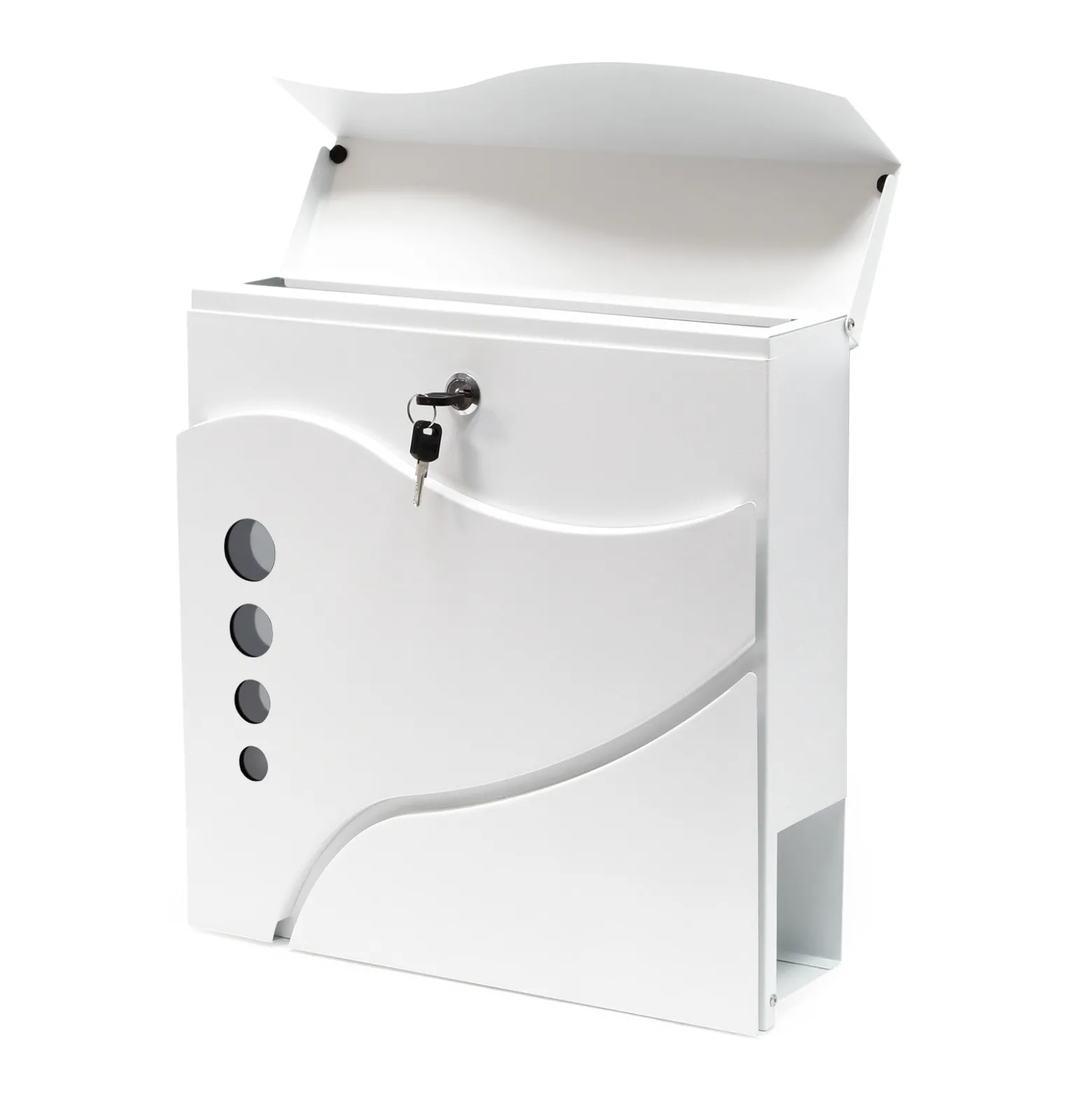 Wiltec Designer Briefkasten V31 weiß 370 x 105 x 370 mm, Wandbriefkasten mit Schloss, Sichtfenstern und Zeitungsrolle, Postkasten aus pulverbeschichtetem Stahl