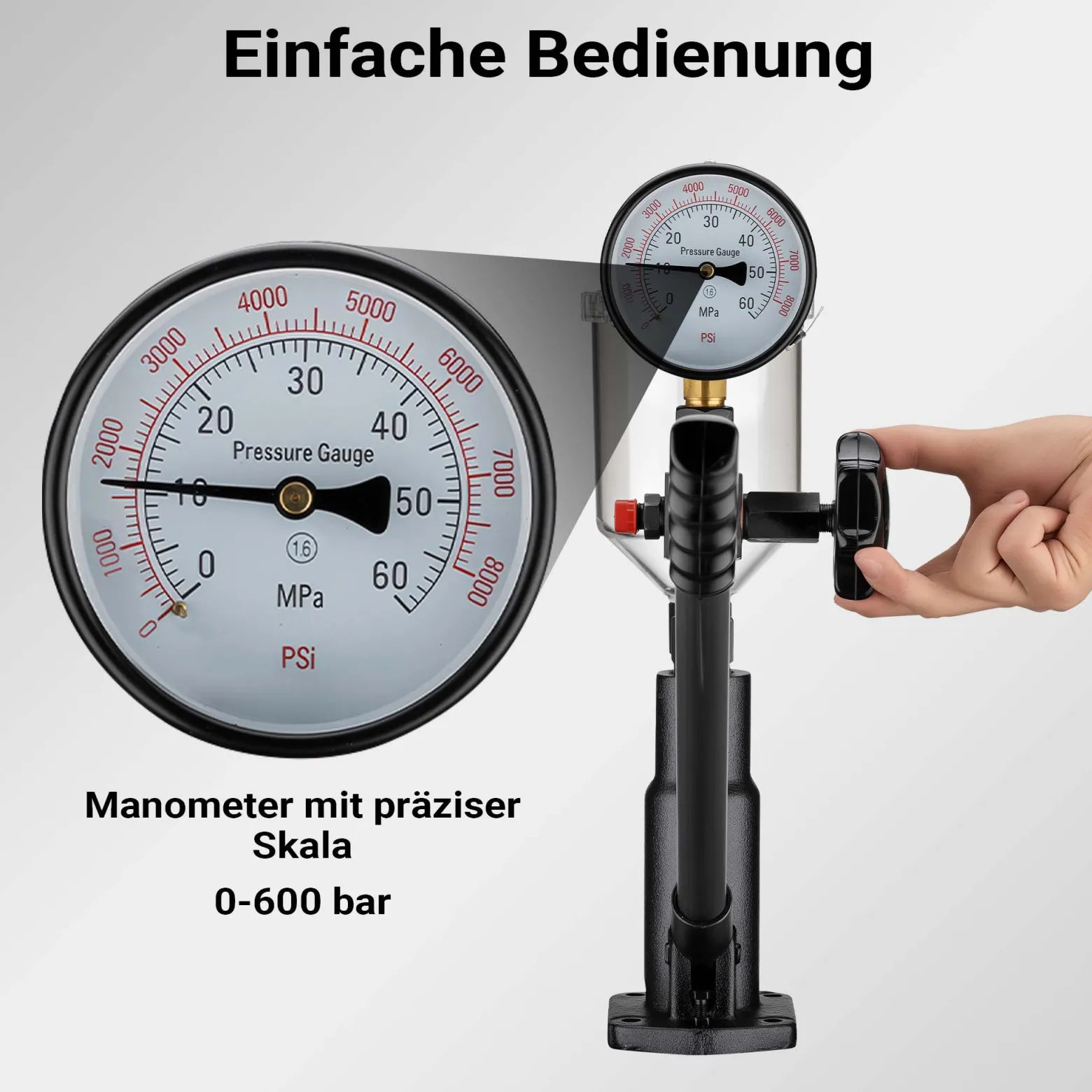 Wiltec Diesel Einspritzdüsentester, Einspritzdüsen Prüfgerät mit Manometer 0-600 bar, Injektor Testgerät inkl. Adapter, Kraftstoffbehälter und Hebel