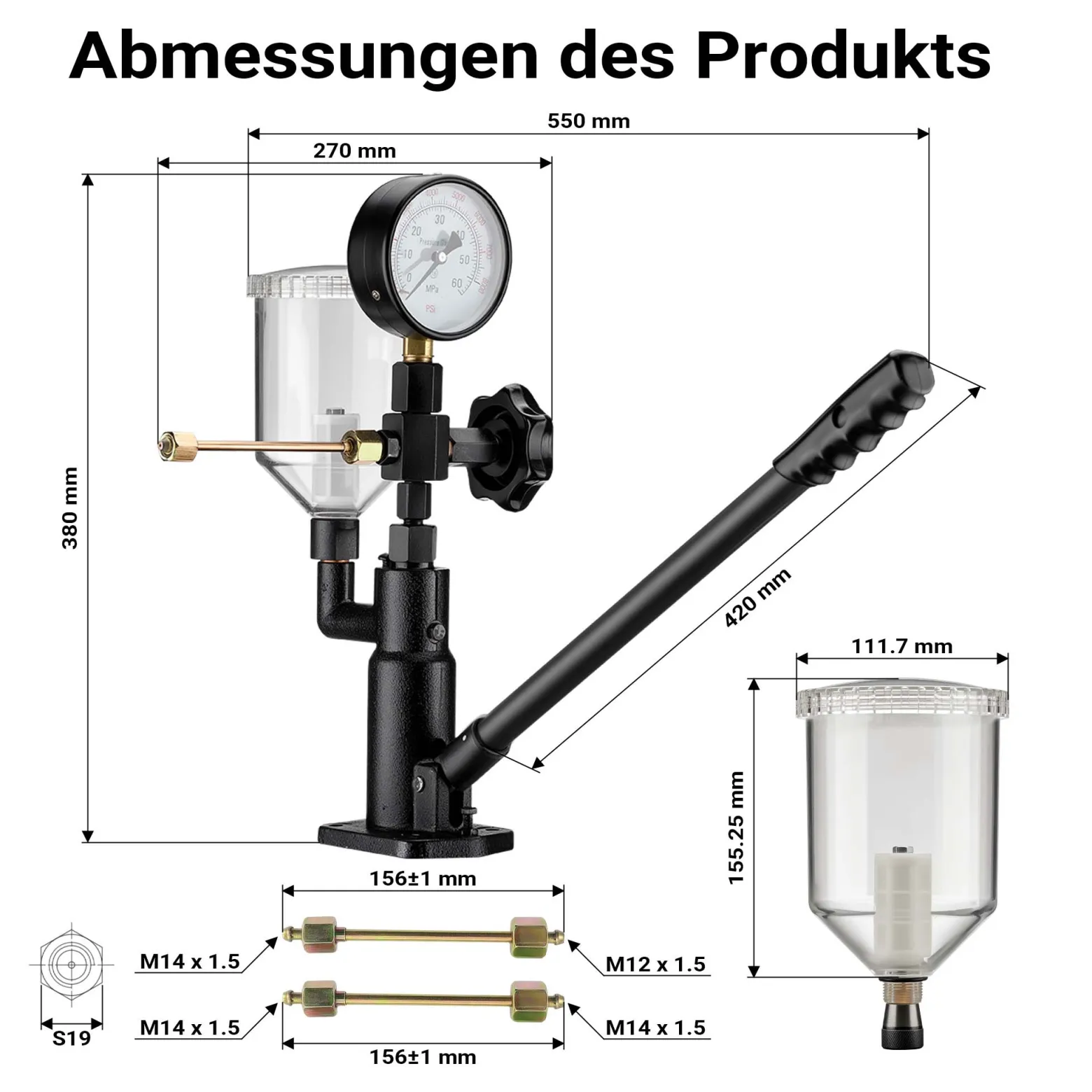 Wiltec Diesel Einspritzdüsentester, Einspritzdüsen Prüfgerät mit Manometer 0-600 bar, Injektor Testgerät inkl. Adapter, Kraftstoffbehälter und Hebel