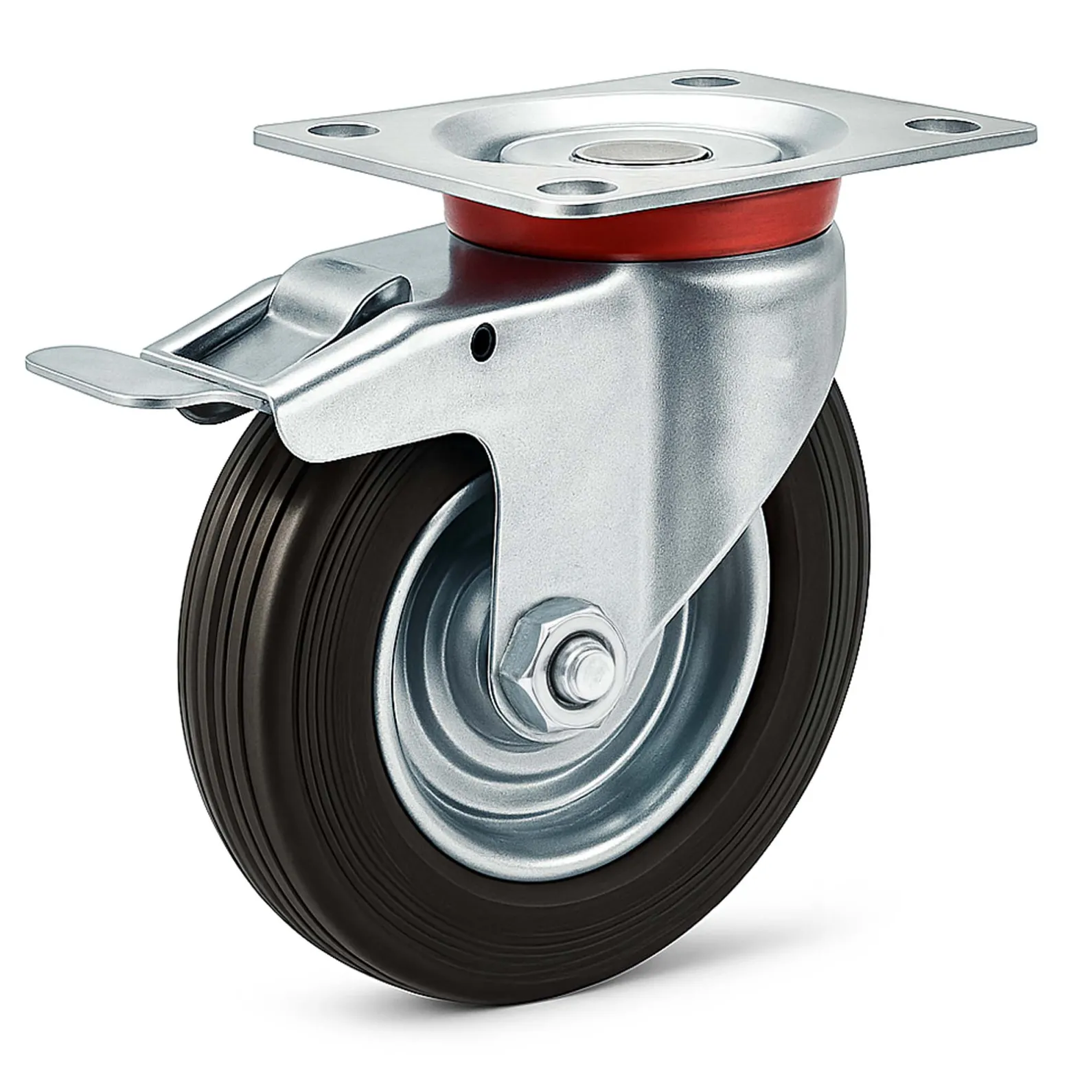 Wiltec Doppelstopp-Lenkrolle Ø125mm bis 100kg Tragkraft mit Gummirad und Feststellbremse leiser Lauf, Transportrolle Möbelrolle Laufrolle Möbel-Lenkrolle