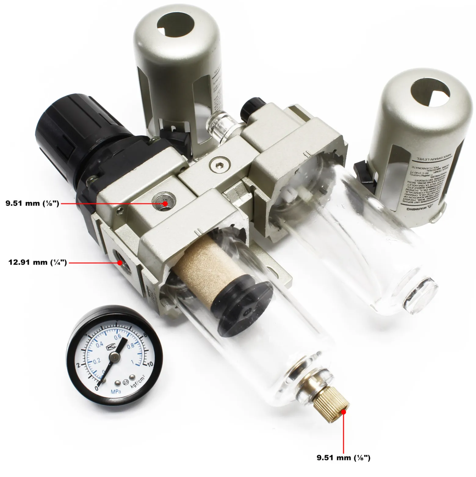 Wiltec Druckluft Wartungseinheit mit 12,91 mm (1/4") IG, Filter, Druckregler Druckminderer, Wasserabscheider, Ölnebler