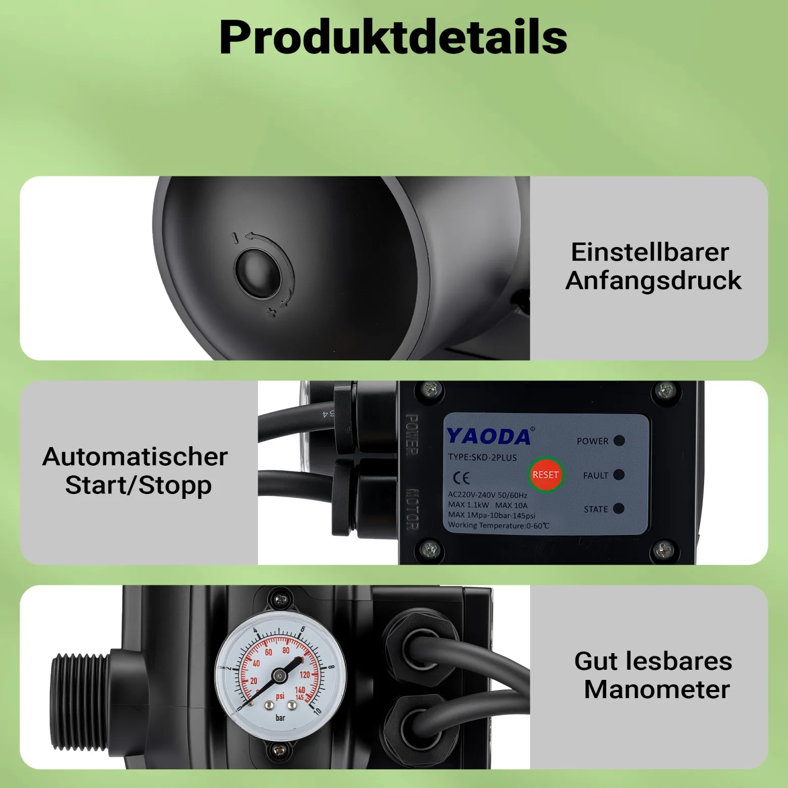 Wiltec Druckschalter mit Kabel SKD-2D 230V bis 3 bar, Druckwächter mit Trockenlaufschutz für Hauswasserwerke und Pumpen, zuverlässige Pumpensteuerung