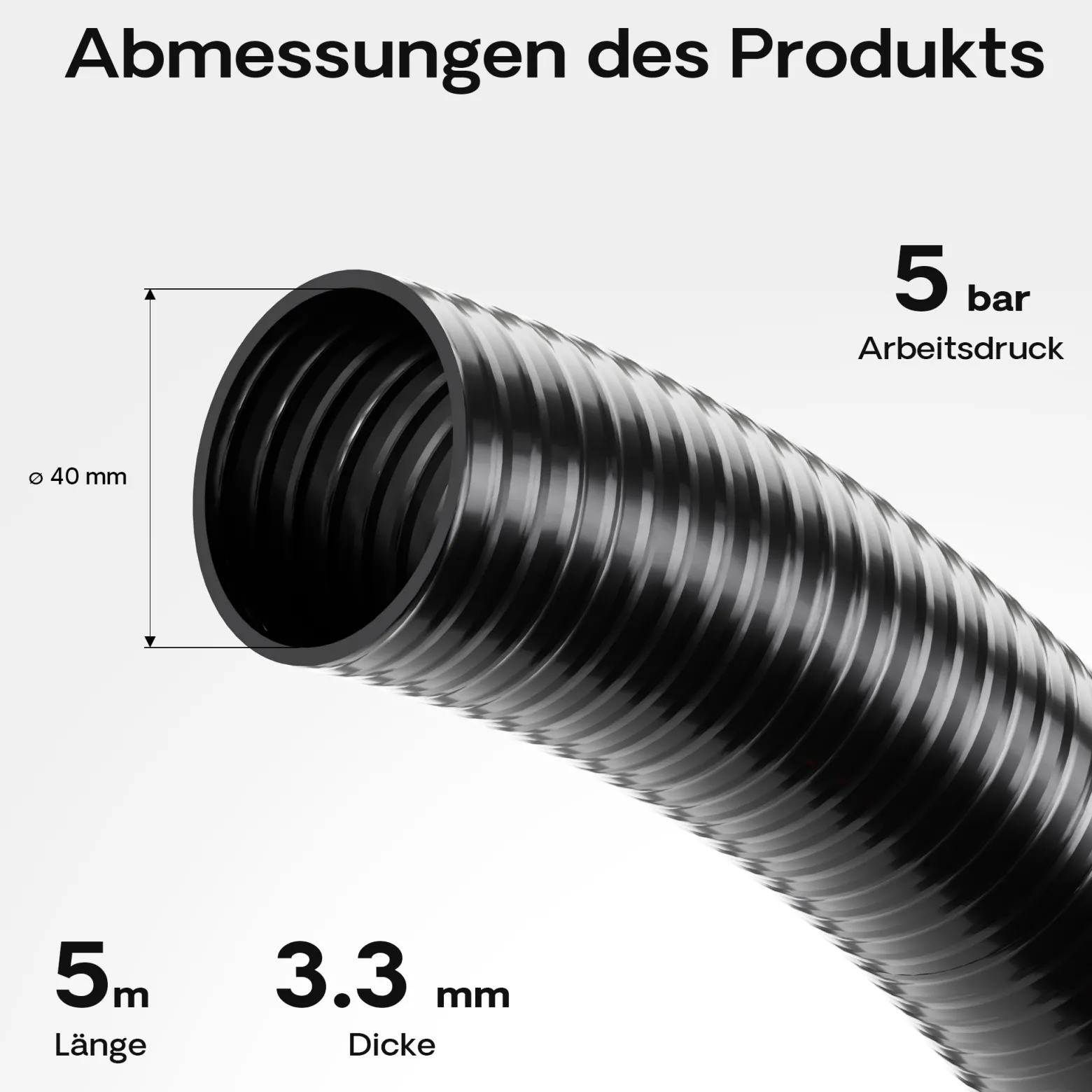 Wiltec Druck- und Saugschlauch 5m Teichschlauch 40mm 470g/m schwarz sehr gute UV-Beständigkeit Pumpenschlauch