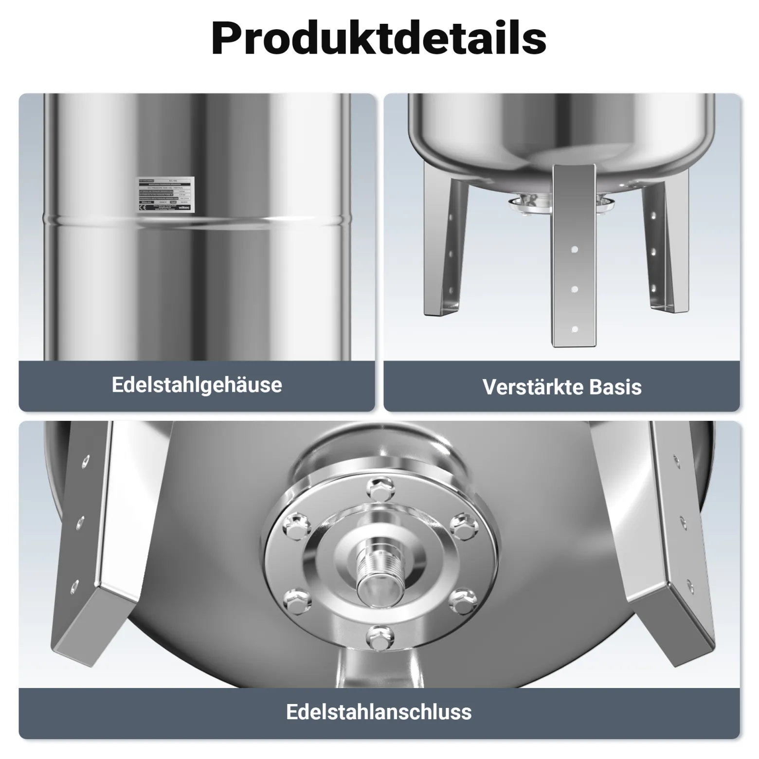 Wiltec Edelstahl Ausdehnungsgefäß 100 Liter, vertikaler Membrankessel für Hauswasserwerke und Druckerhöhungsanlagen mit EPDM Membran