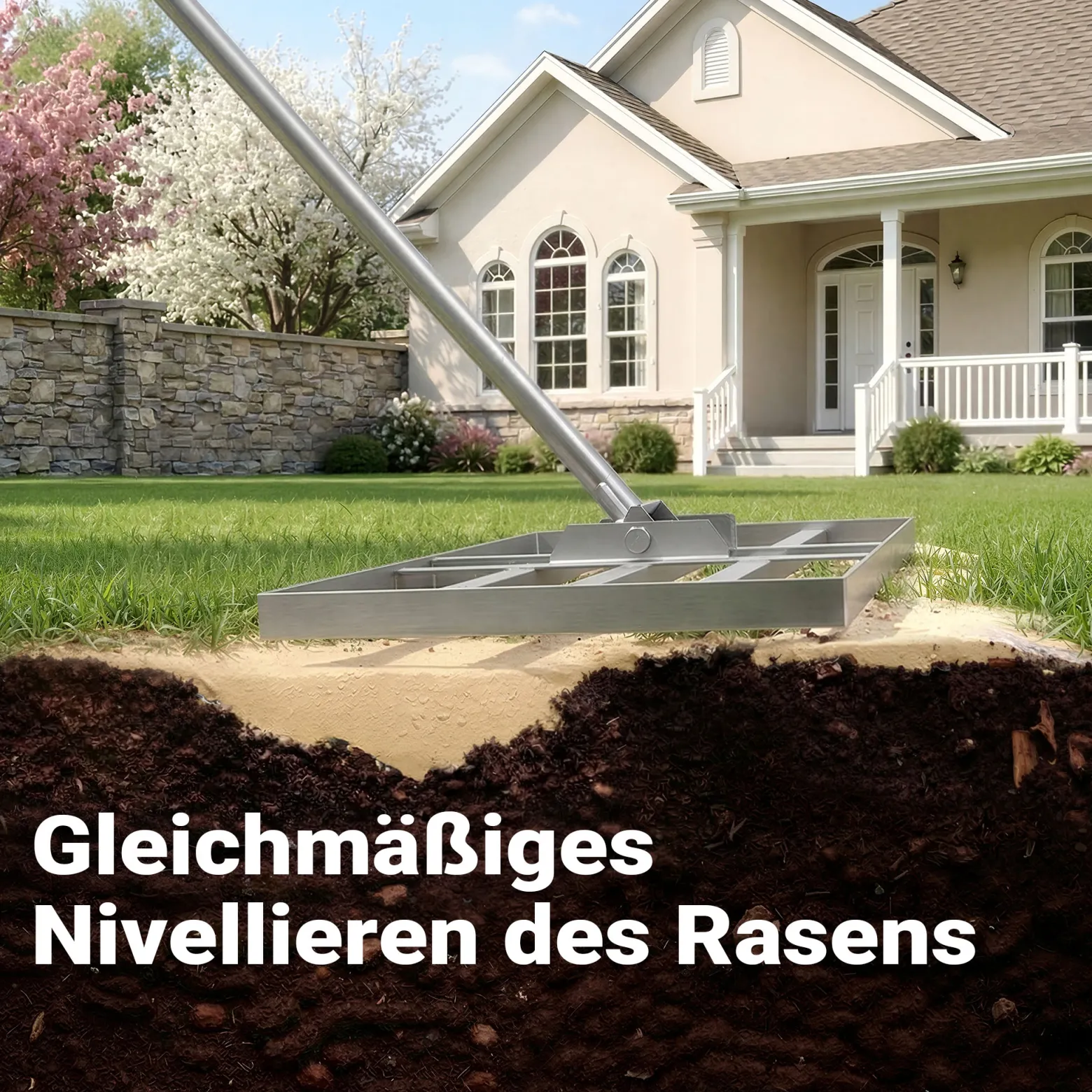 Wiltec Edelstahl Rasenrakel mit Stiel Größe M, Flächenebner 25 x 75 x 2,8 cm Unebenheiten im Rasen ausgleichen, Leveler Gartengerät zum Rasen sanden