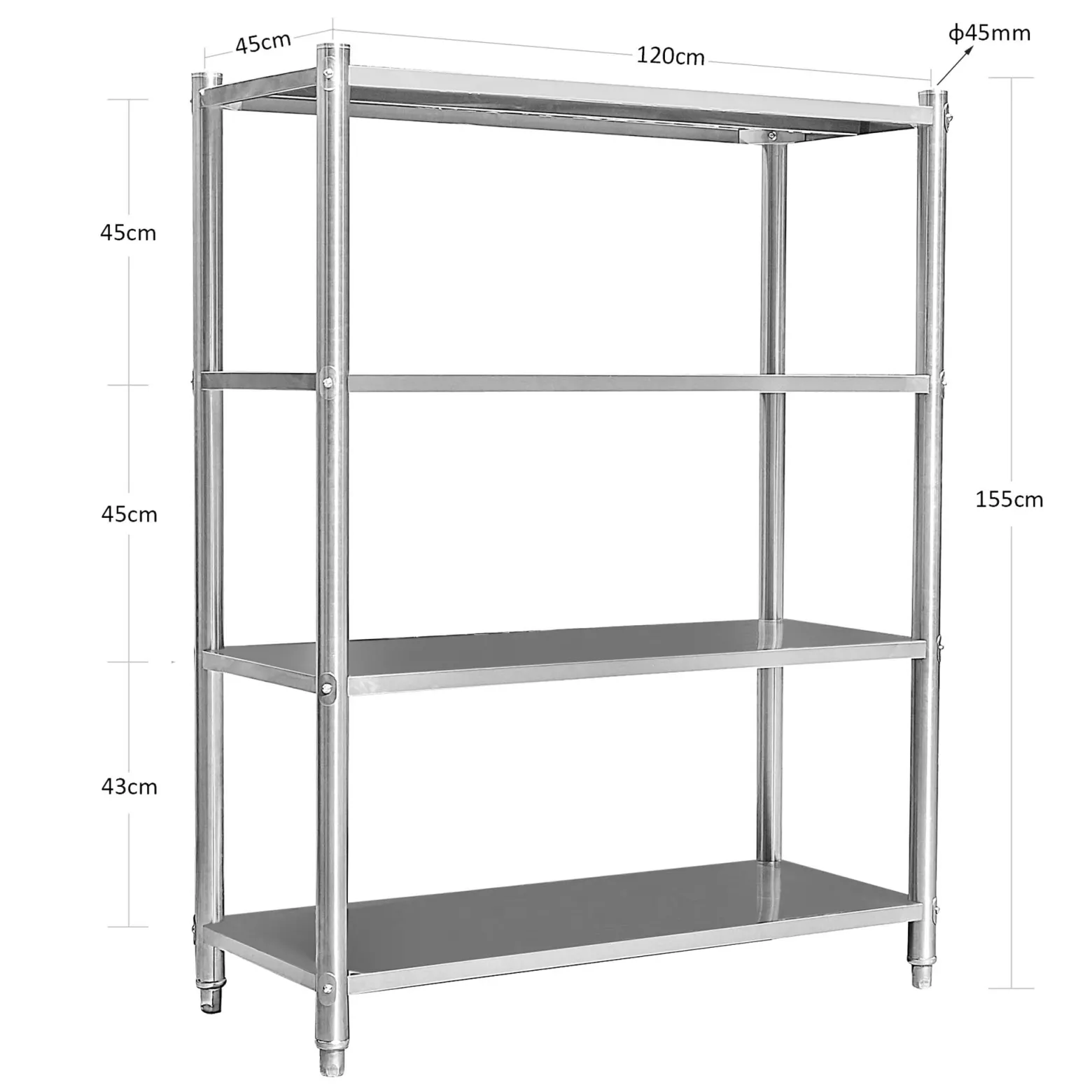 Wiltec Edelstahlregal Gastro Schwerlastregal 155x120x50cm aus 201 Edelstahl Küchenregal Vorratsregal Lagerregal für Küche Werkstatt und Keller