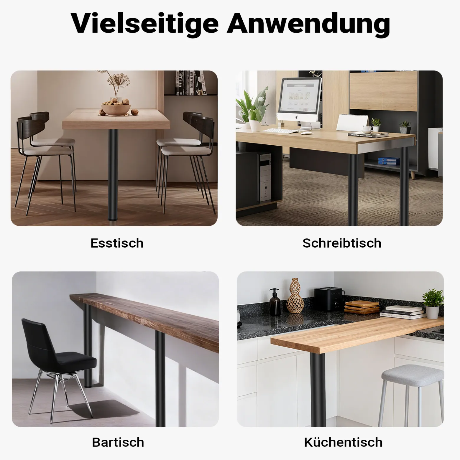 Wiltec Edelstahl Tischbein Set, schwarz, 4 Möbelfüße Ø 60 mm und mit verstellbarer Länge 820-850 mm, bis 200 kg Tragkraft