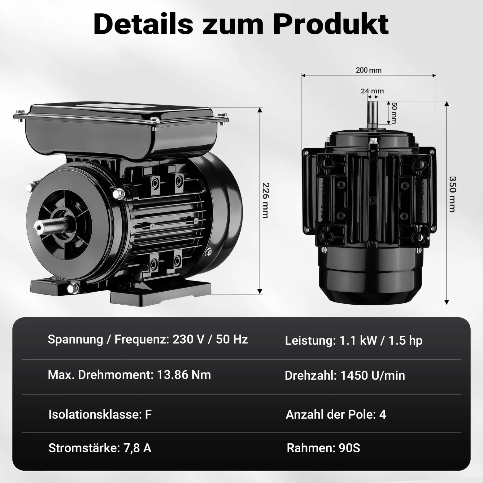 Wiltec Elektromotor 1-phasig, Elektro Motor 4-polig 1,1 kW, Einphasen Wechselstrommotor 1450 U/min, Induktionsmotor Aluminium, kompakter Motor