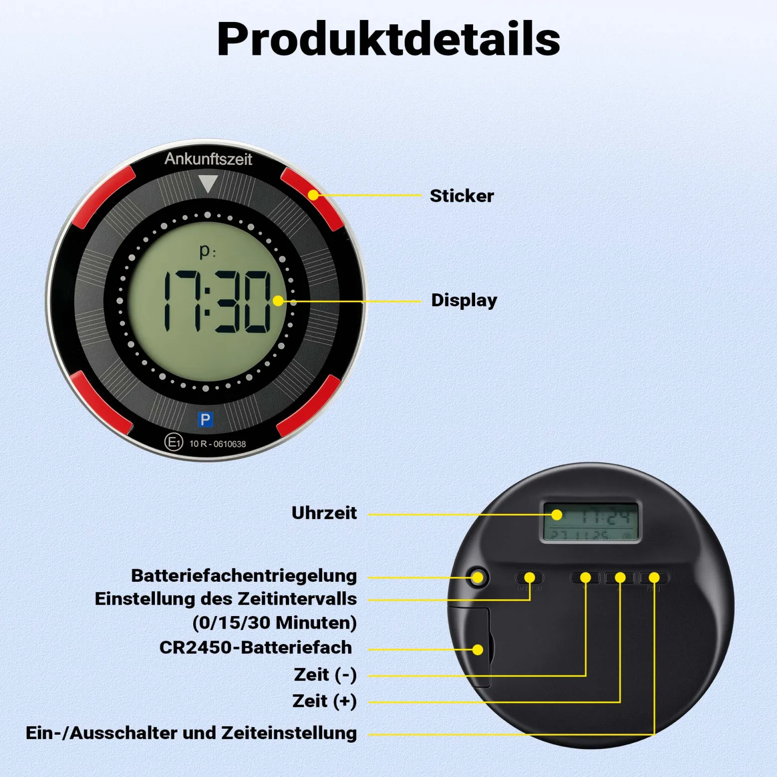 Wiltec Elektronische Parkscheibe mit Solarpanel Rund – Digitale Parkuhr mit automatischer Zeitumschaltung und KBA-Zulassung