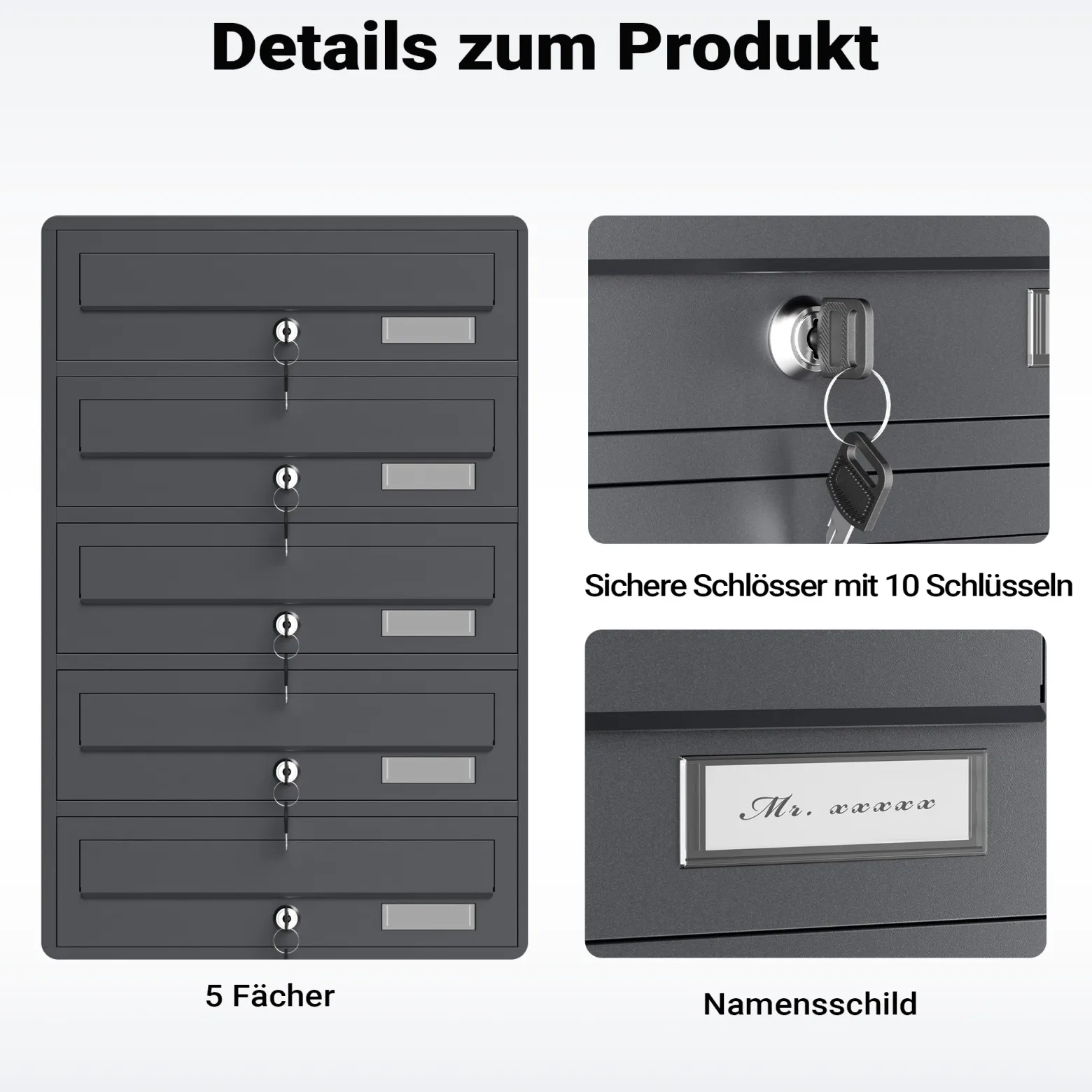 Wiltec 5er Briefkastenanlage Anthrazit 556 x 270 x 1500 mm, Standbriefkasten mit 5 Fächern, Schlüssel und Namensschild, Briefkasten Postkasten mit Ständer