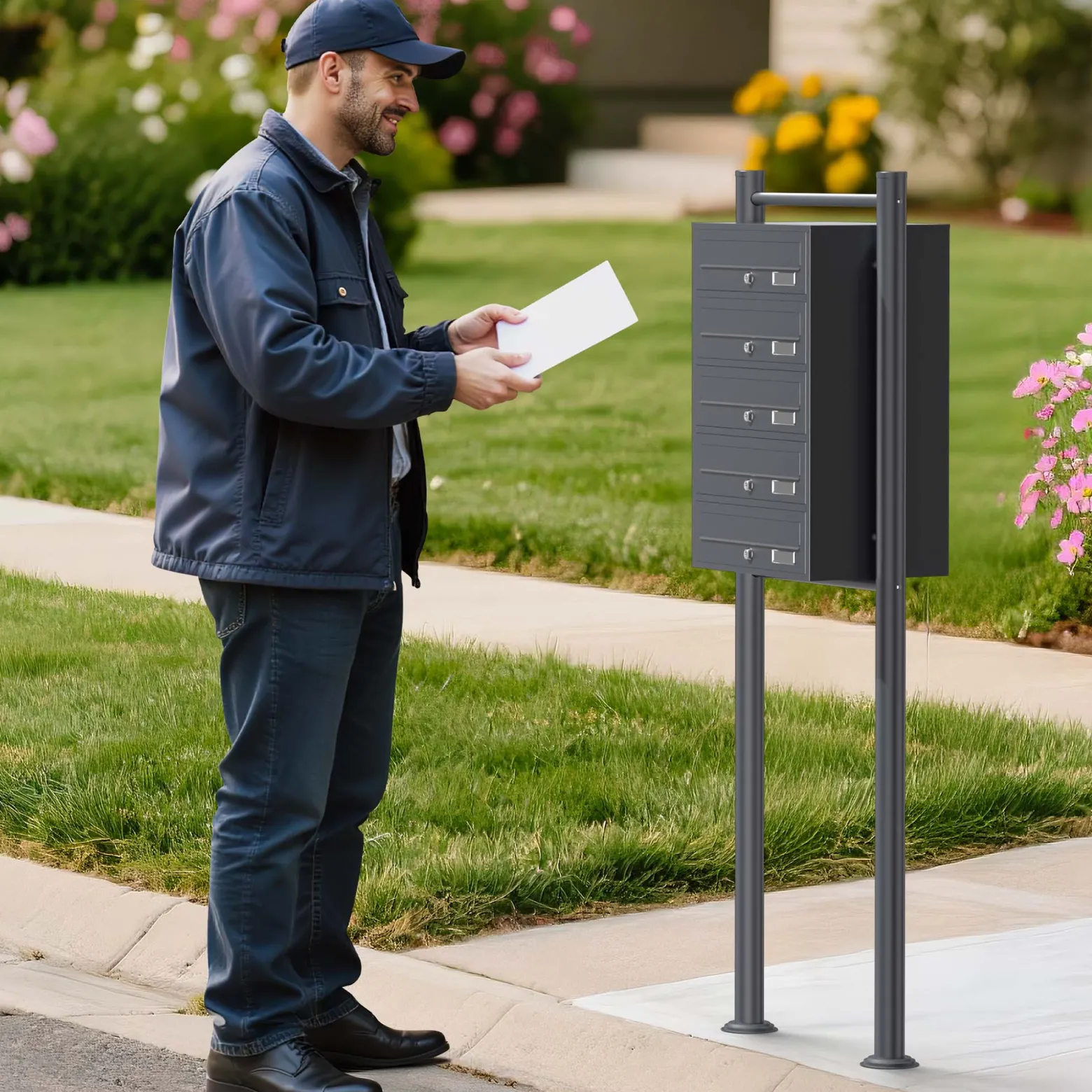 Wiltec 5er Briefkastenanlage Anthrazit 556 x 270 x 1500 mm, Standbriefkasten mit 5 Fächern, Schlüssel und Namensschild, Briefkasten Postkasten mit Ständer