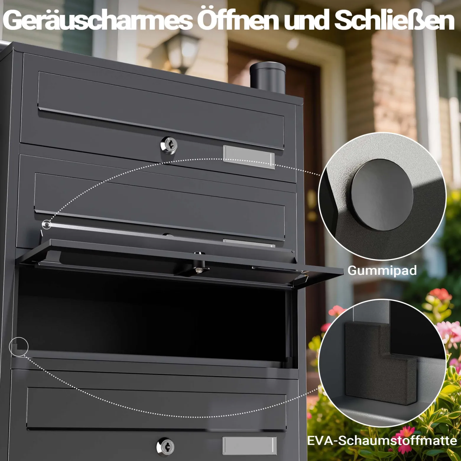 Wiltec 5er Briefkastenanlage Anthrazit 556 x 270 x 1500 mm, Standbriefkasten mit 5 Fächern, Schlüssel und Namensschild, Briefkasten Postkasten mit Ständer