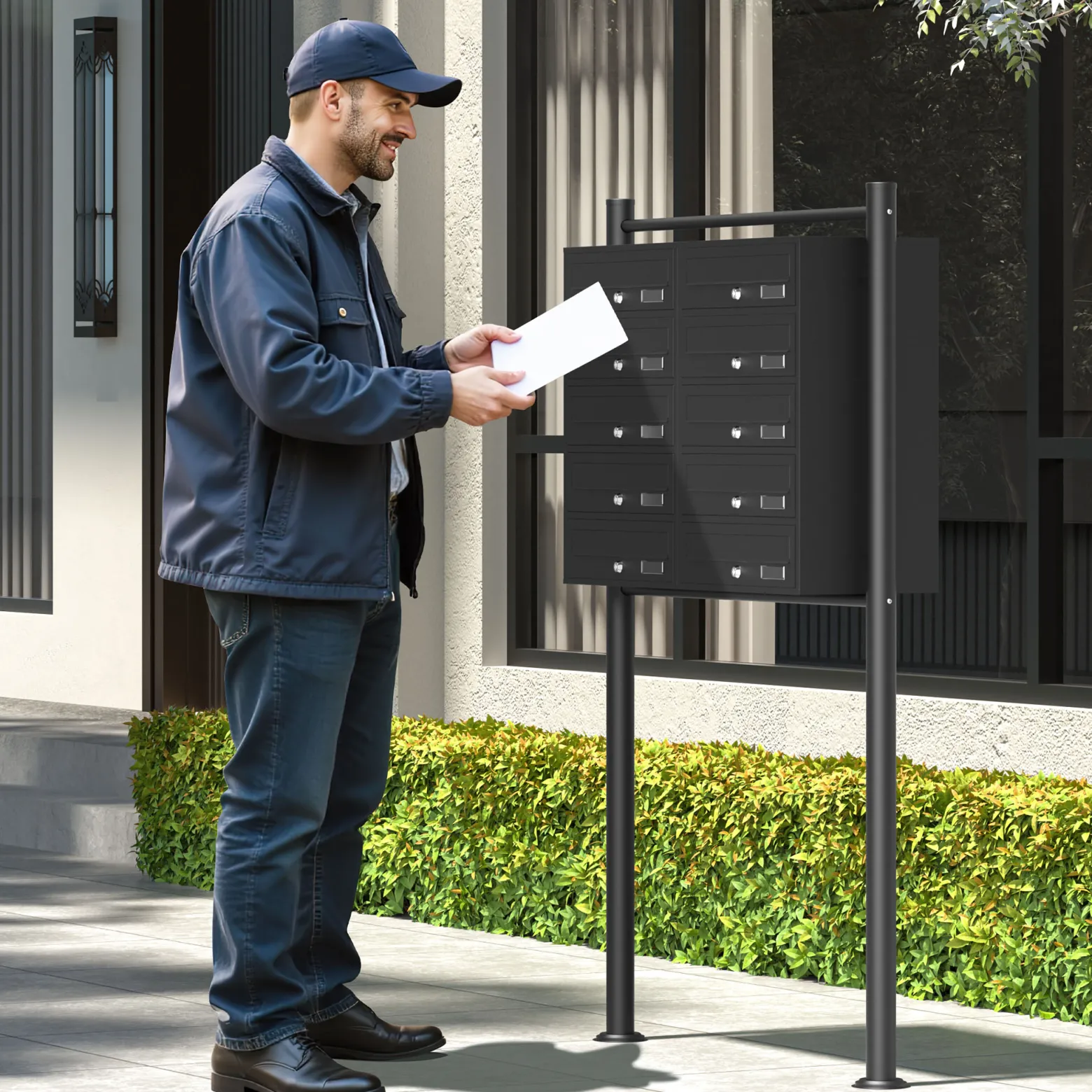 Wiltec 10er Briefkastenanlage schwarz 945 x 270 x 1500 mm, Standbriefkasten mit 2x5 Fächern, Schlüssel und Namensschild, Briefkasten Postkasten mit Ständer