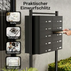Wiltec 10er Briefkastenanlage schwarz 945 x 270 x 1500 mm, Standbriefkasten mit 2x5 Fächern, Schlüssel und Namensschild, Briefkasten Postkasten mit Ständer