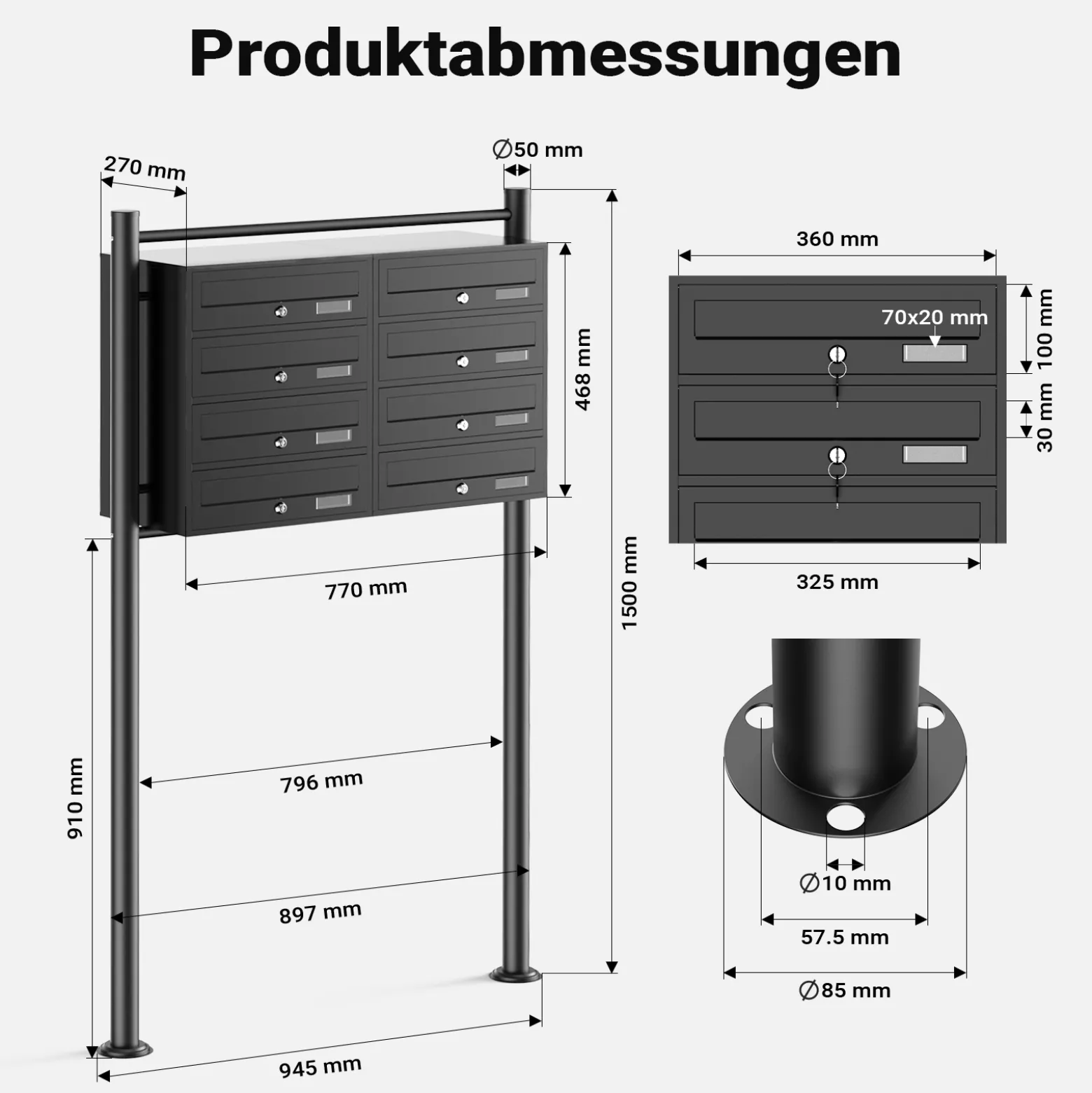Wiltec 8er Briefkastenanlage schwarz 945 x 270 x 1500 mm, Standbriefkasten mit 2x4 Fächern, Schlüssel und Namensschild, Briefkasten Postkasten mit Ständer