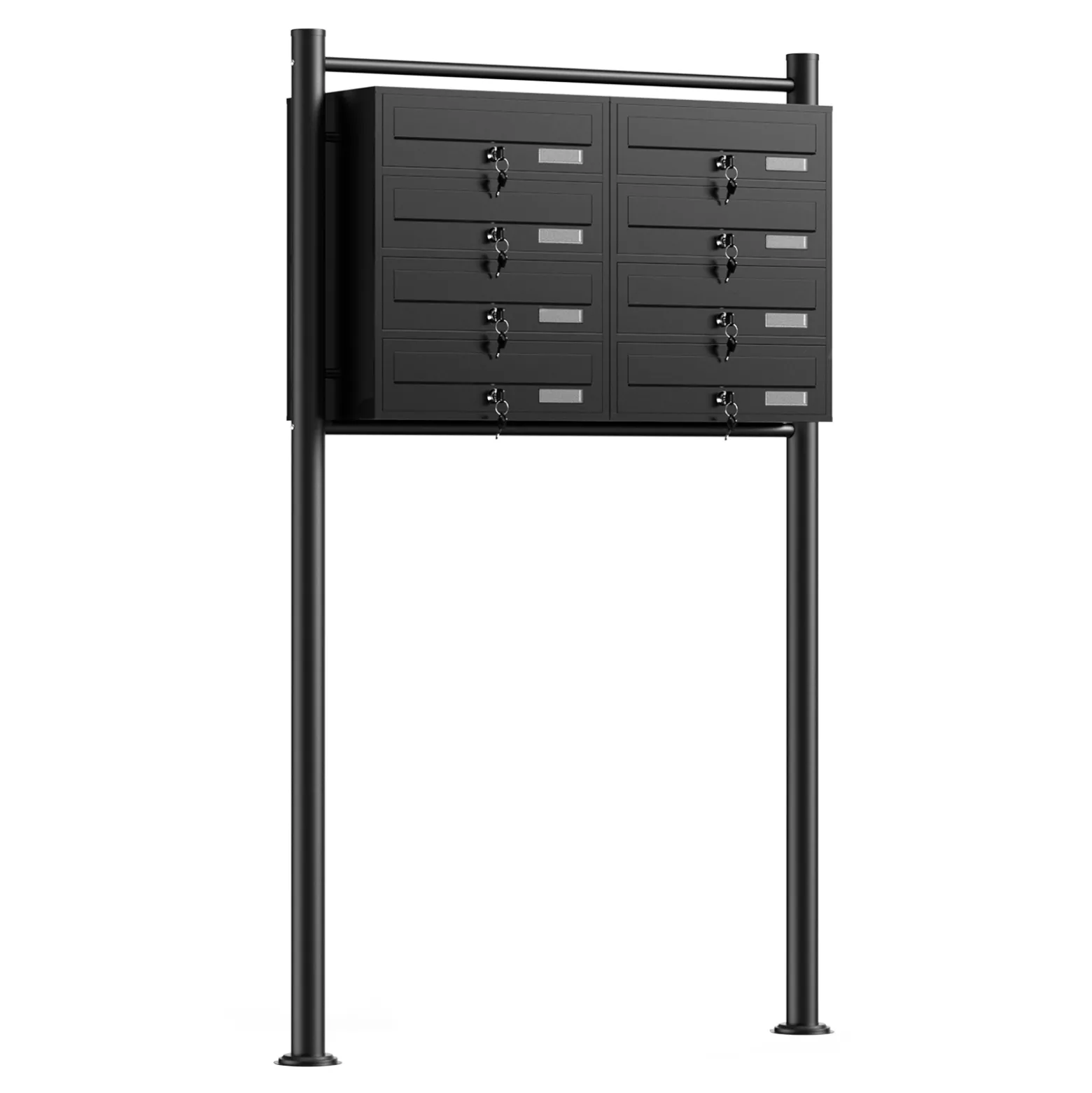 Wiltec 8er Briefkastenanlage schwarz 945 x 270 x 1500 mm, Standbriefkasten mit 2x4 Fächern, Schlüssel und Namensschild, Briefkasten Postkasten mit Ständer