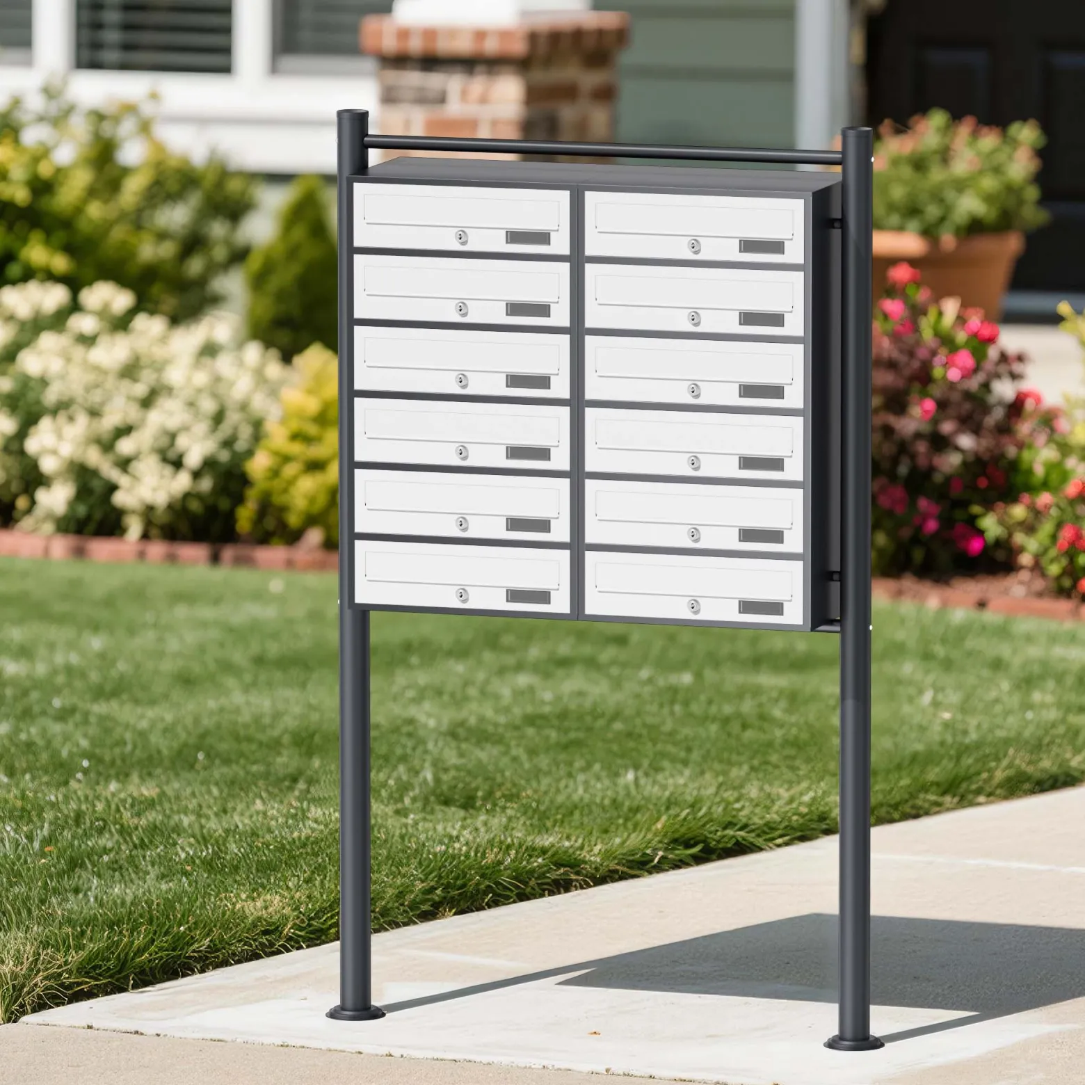 Wiltec 12er Briefkastenanlage Weiß/Anthrazit 945 x 270 x 1500 mm, Standbriefkasten mit 2x6 Fächern, Schlüssel und Namensschild, Briefkasten Postkasten mit Ständer