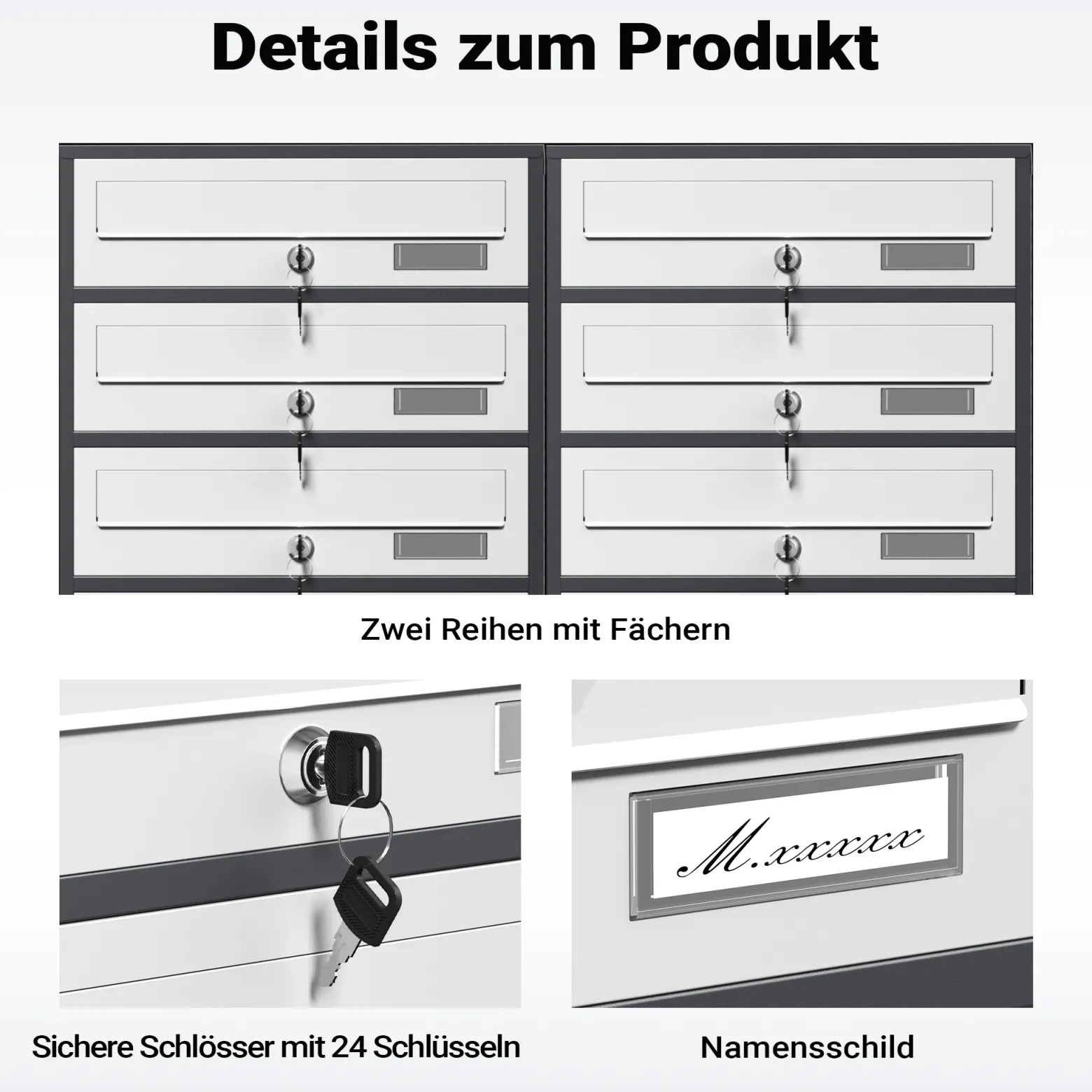 Wiltec 12er Briefkastenanlage Weiß/Anthrazit 945 x 270 x 1500 mm, Standbriefkasten mit 2x6 Fächern, Schlüssel und Namensschild, Briefkasten Postkasten mit Ständer