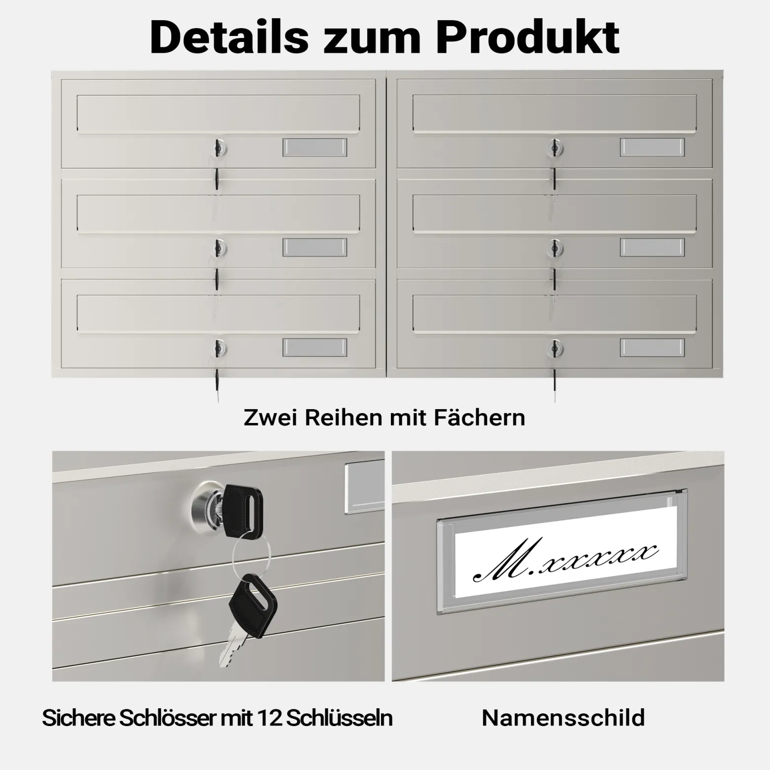 Wiltec 6er Briefkastenanlage Edelstahl 945 x 270 x 1200 mm, Standbriefkasten mit 2x3 Fächern, Schlüssel und Namensschild, Briefkasten Postkasten mit Ständer
